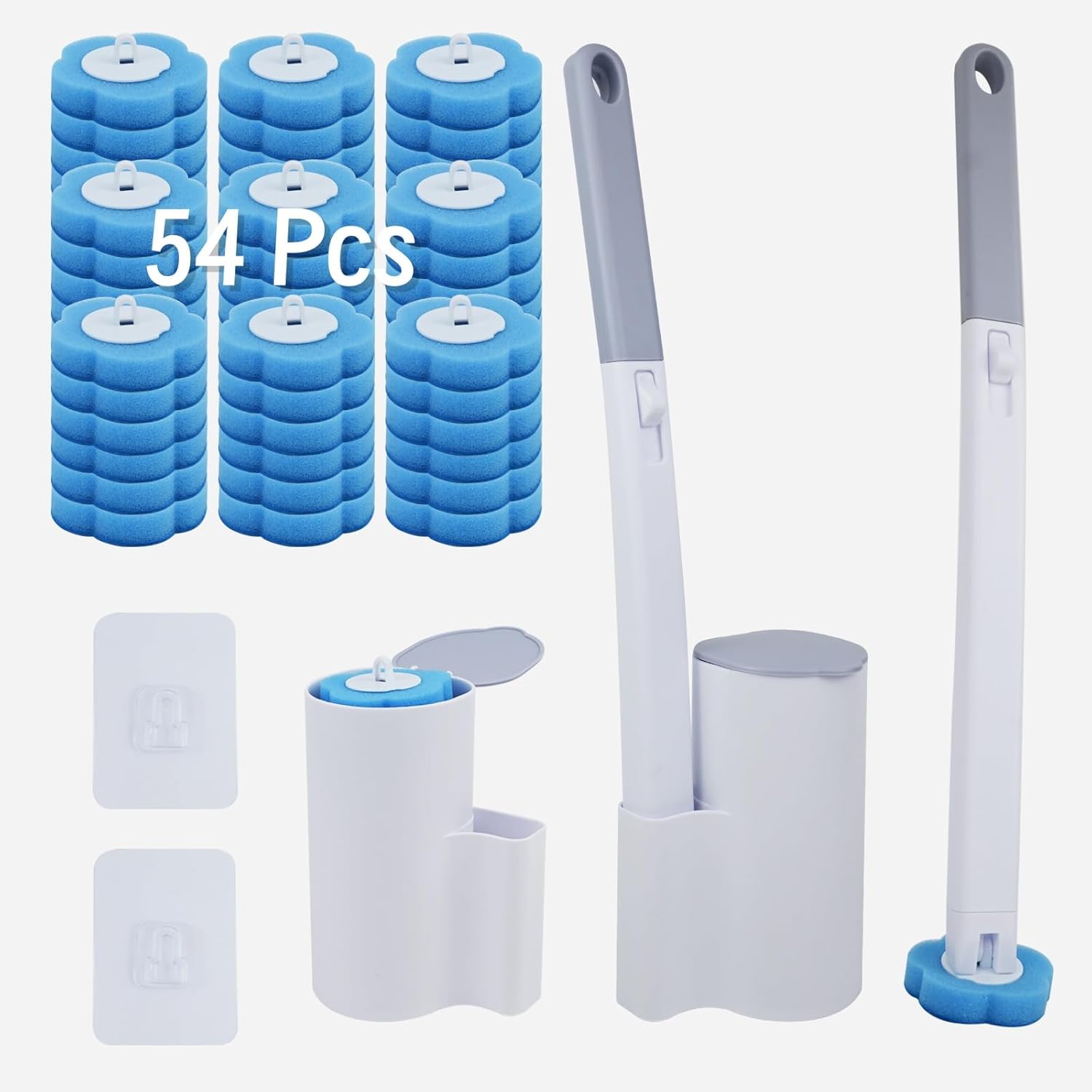 Escobillas de Baño Desechable, con 54 Rellenos de Detergente & 2 escobilla WC Mango Largo Montado En La Pared, Accesorios Baño para Piscina Fregona Lavabo
