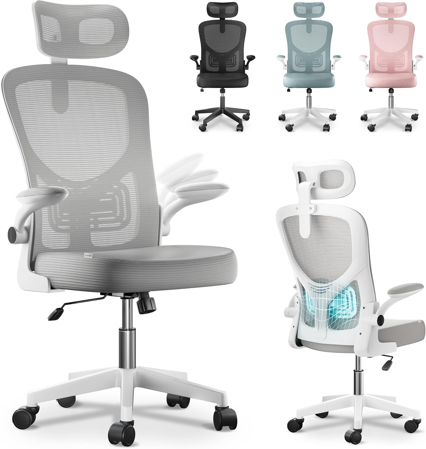 JUPPLIES Silla Escritorio Ergonómica - Silla Oficina Ajustable y Reclinable con Soporte Lumbar, Reposacabezas Ajustable, Reposabrazos Plegables, Malla Transpirable, Ruedas 360°, Soporta 120 kg