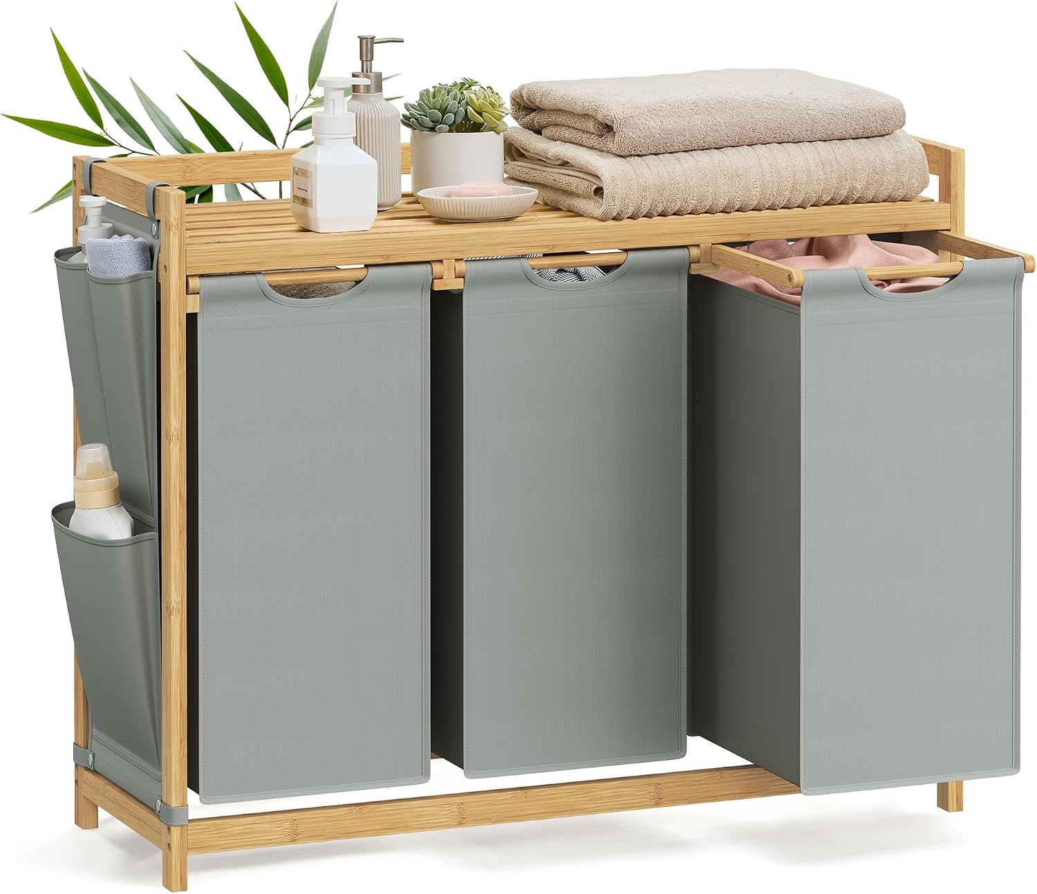 SONGMICS Cesto para Ropa Sucia, 2 Compartimentos, con Estante, 100 L, Bambú