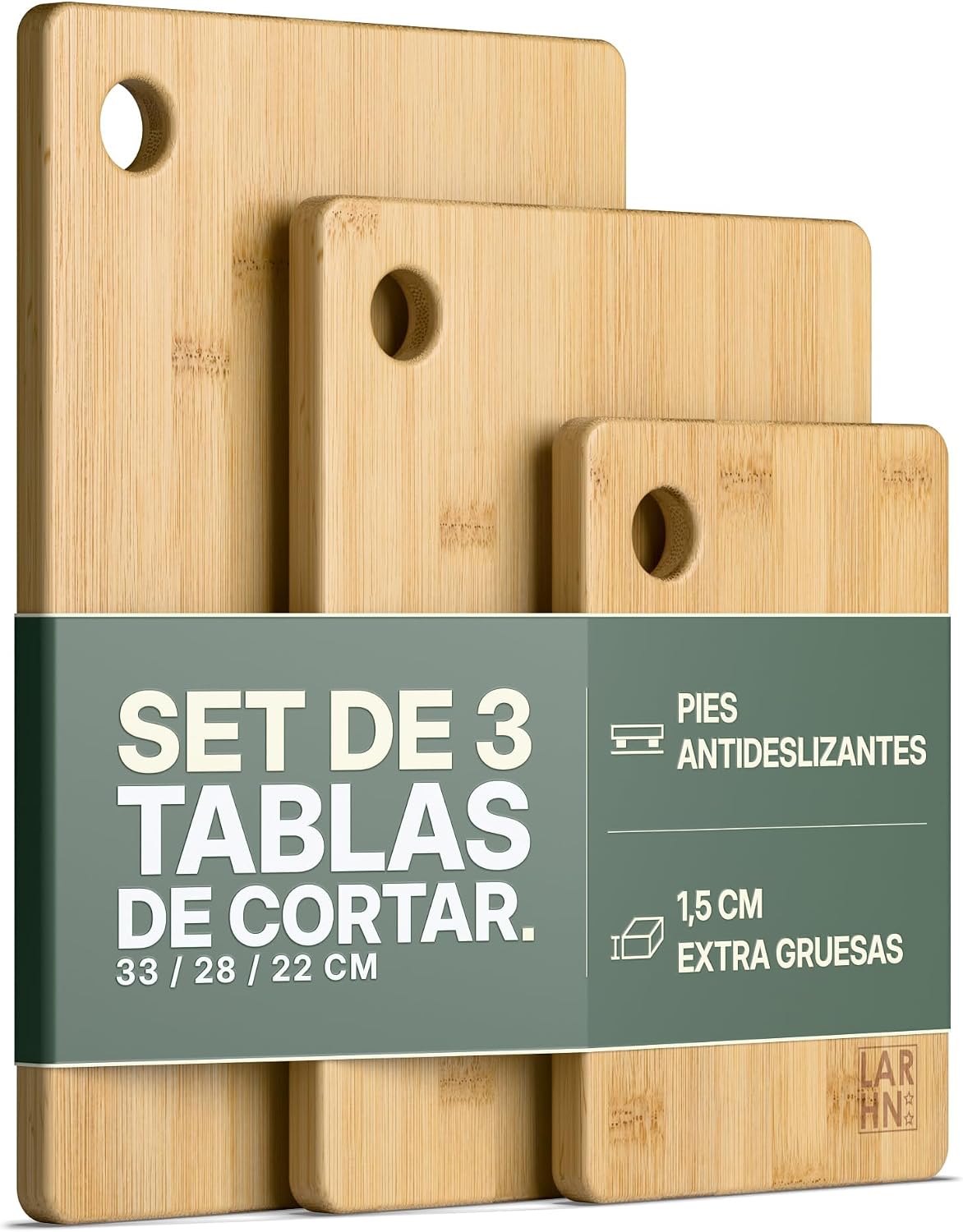LARHN Tablas de Cortar Cocina en Madera de Bambú - Set de 3, Extra Gruesas