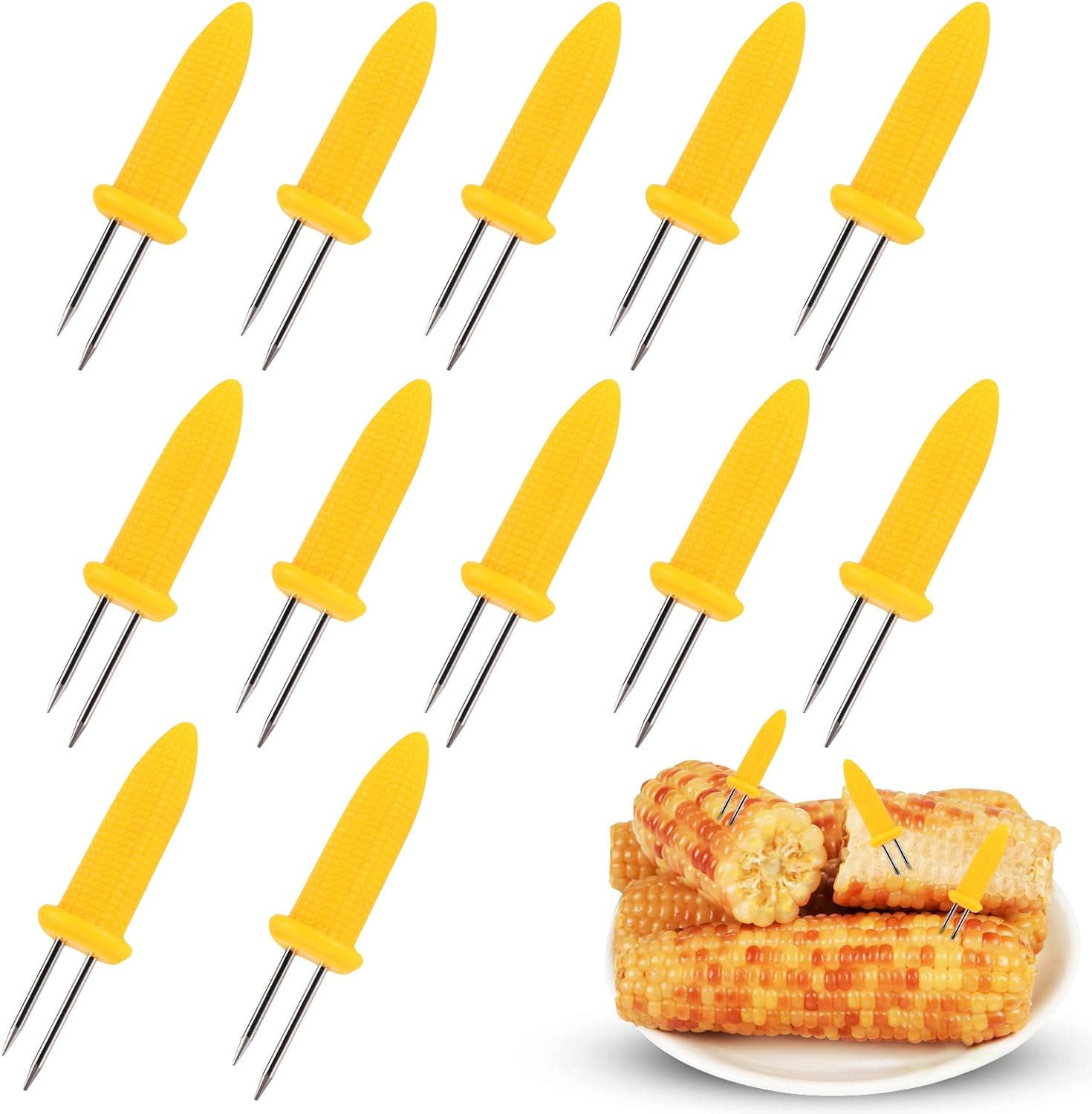 OFFCUP Soporte para Mazorcas de Maíz, 12 Pinchos de Acero Inoxidable para Barbacoa, Puntas Maíz Dulce, Tenedores Mazorca, Pinchos Barbacoa, Soportes Entrelazados con Mango