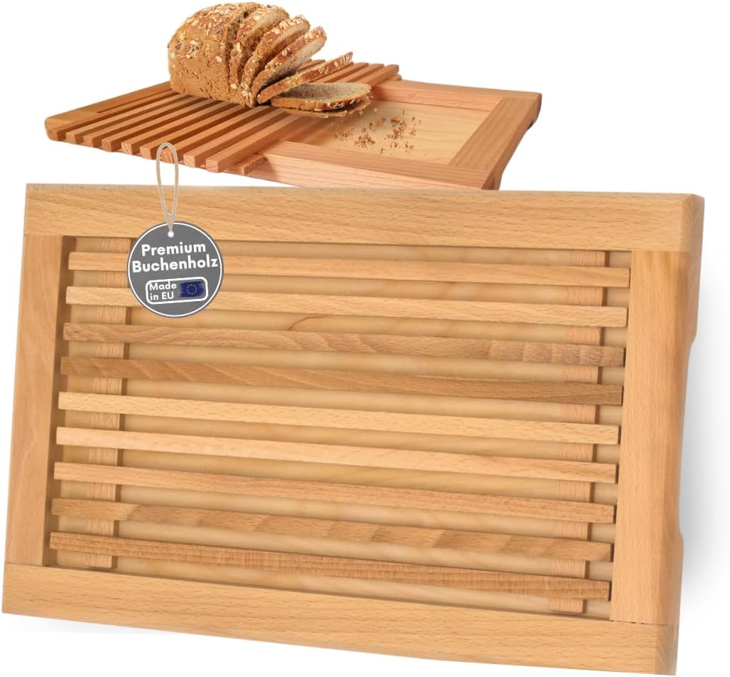 Tabla de cortar pan fabricada en la UE con rejilla para migas y asas de madera de haya aceitada, 40 x 25 cm, tabla de cortar pan, baguettes y panecillos, tabla de servir – aceitada y sostenible