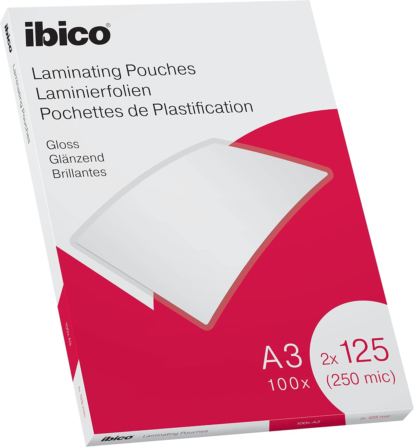 Ibico Láminas para Plastificar Tamaño A3, Acabado Brillante, 250 Micras, Pack de 100, Transparentes, 627321