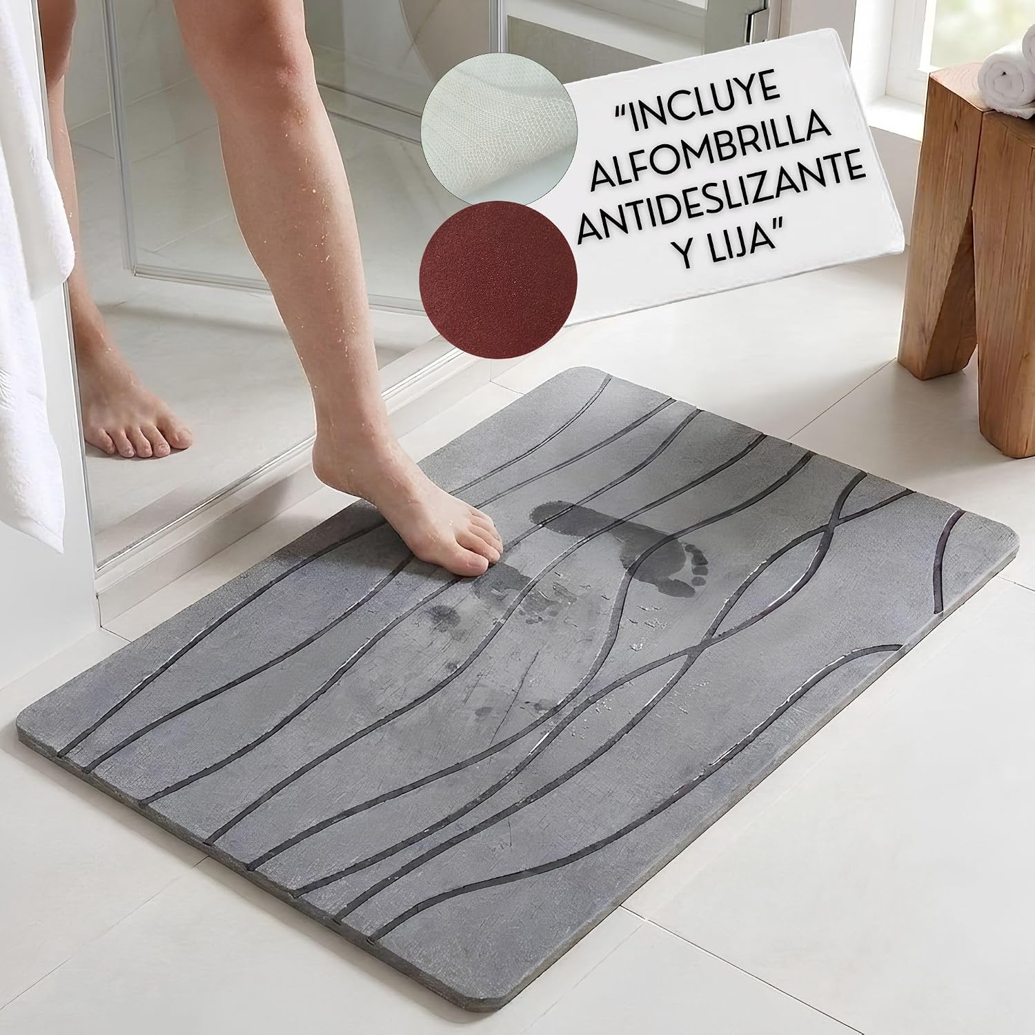 Alfombra de Baño de Diatomita 60x40cm + Malla Antidesliza y Lija Inlcuída | Piedra Natural Tierra de Diatomeas, Absorbente de Secado Rápido, Antimoho y Antibacteriana. (1 Unidad Armonía Gris)