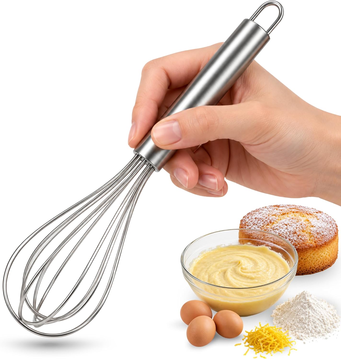 CHEFZOCO Batidor manual, Varillas de batir, Batidor de alambre, Mezclador manual, Batidor de cocina, Batidor de huevos, Apto para Mezclar, Revolver la Masa, Huevos, Longitud 30 cm, Acero inoxidable