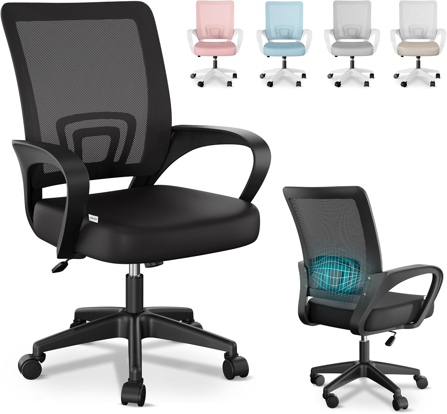 JUPPLIES Silla Escritorio Ergonomica - Silla Oficina con Apoyo Lumbar, Estructura de Plastico, Malla Transpirable, Ruedas Giratorias 360° Soporta hasta 110kg (Gris)
