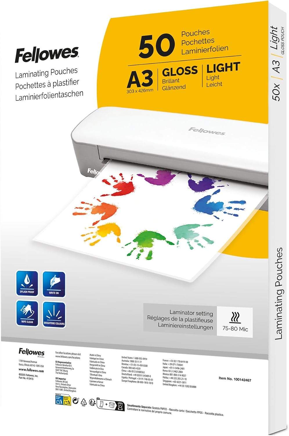 Fellowes Fundas de plastificar A3, Pack de 50, Acabado brillo, Fundas plastificación para hogar, escuela, oficina, Adecuadas para póster, carteles, documentos, Compatible con todas las plastificadoras