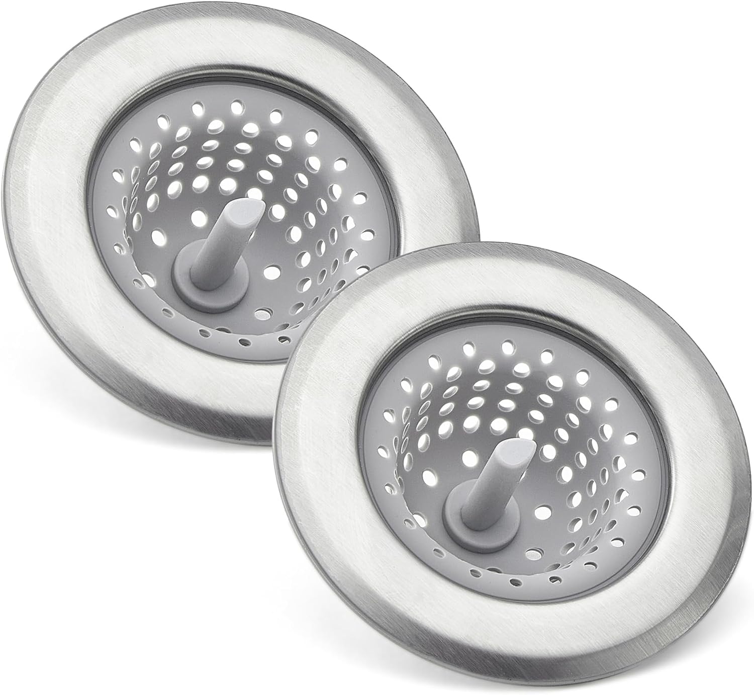 Amazon Basics Colador para Fregadero de Cocina, Acero Inoxidable y Silicona, Filtro de Desagüe Anti-Obstrucción, Apto para Lavavajillas, Resistente al Óxido, Gris, Pack de 2