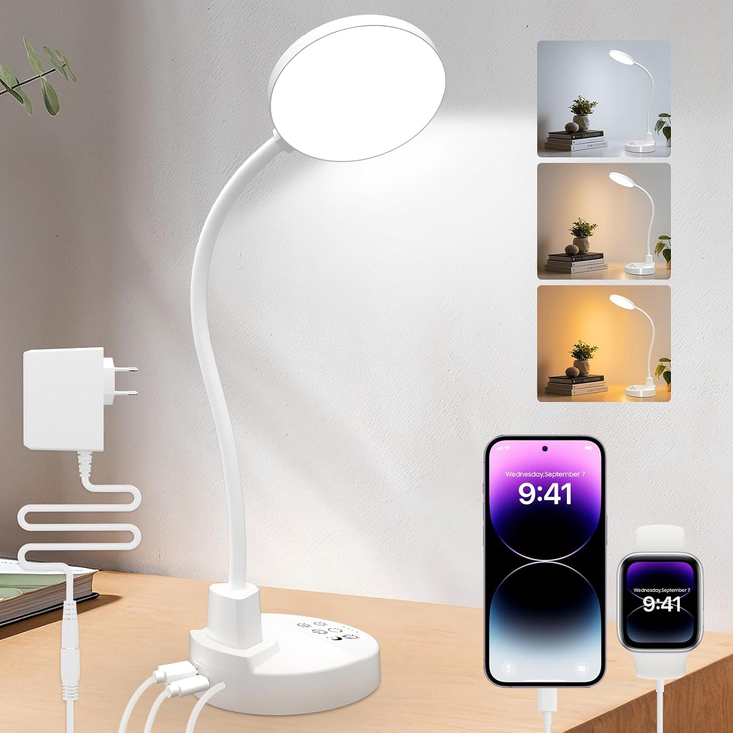 Lámpara de escritorio LED de 15W con USB-A y USB-C – Regulable, 3 temperaturas de color, 5 niveles de brillo, 4 temporizadores, cuello de cisne flexible de 360°, protección de los ojos