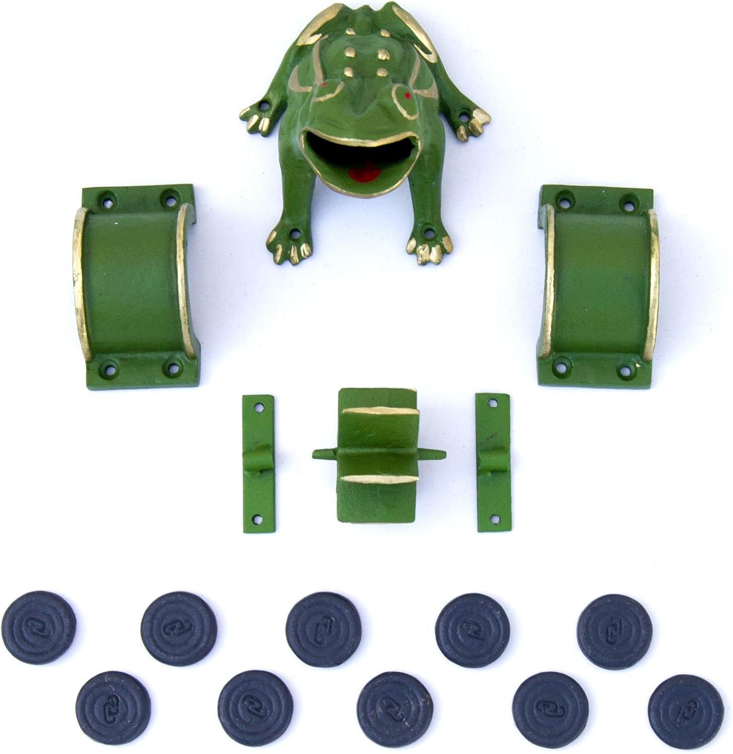 Juego de la Rana "Completo" de hierro fundido: 1 Rana, 2 Puentes, 1 Molino, 2 Sujeciones y 10 Fichas.
