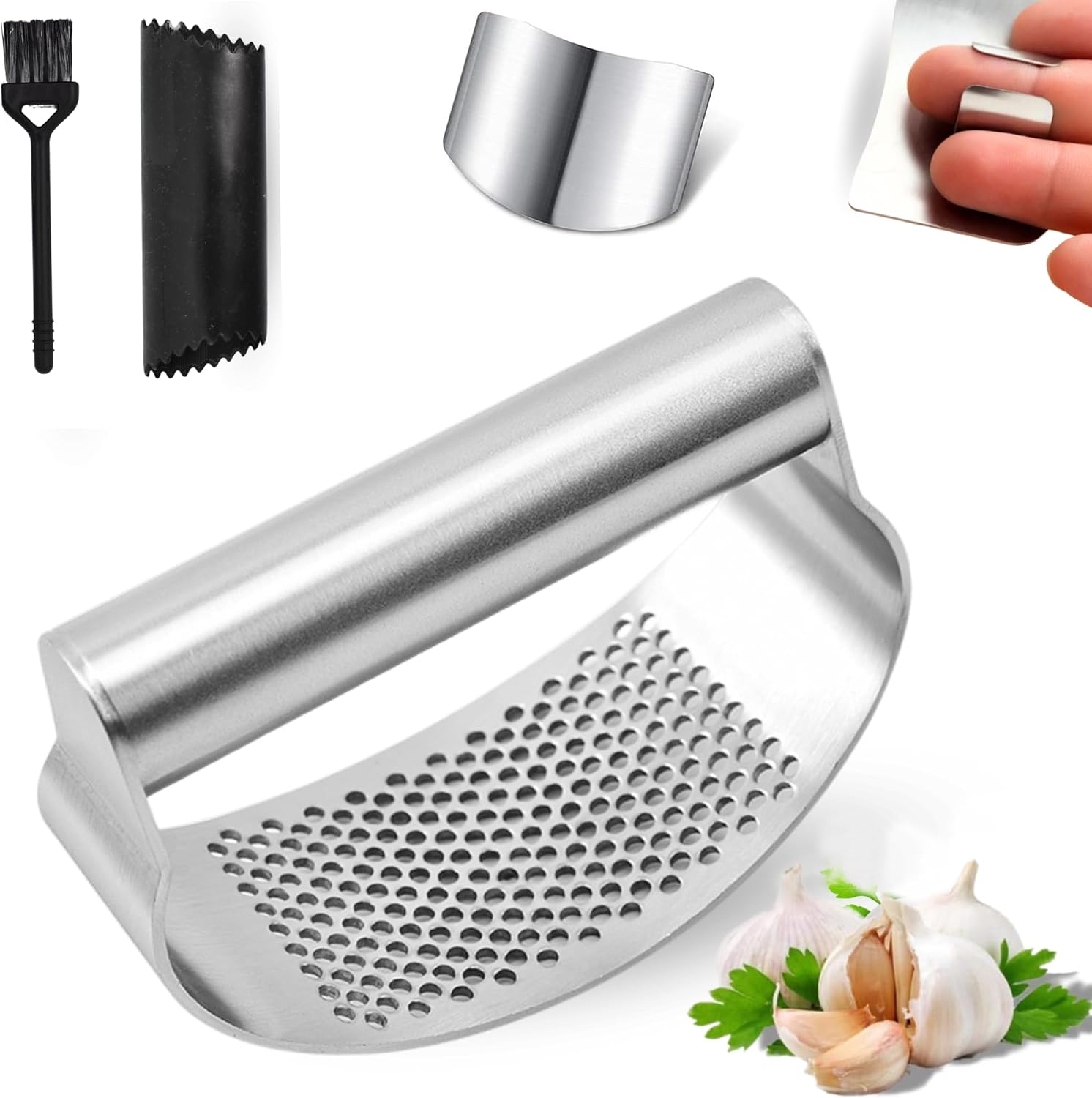 Prensa de Ajo de Acero Inoxidable - Picadora de Ajos con Kit + Machador de Ajos + Protector de Cortes + Pelador de Ajos de silicona y Cepillo para Limpieza - Ideal para Cocina | 3-Stars