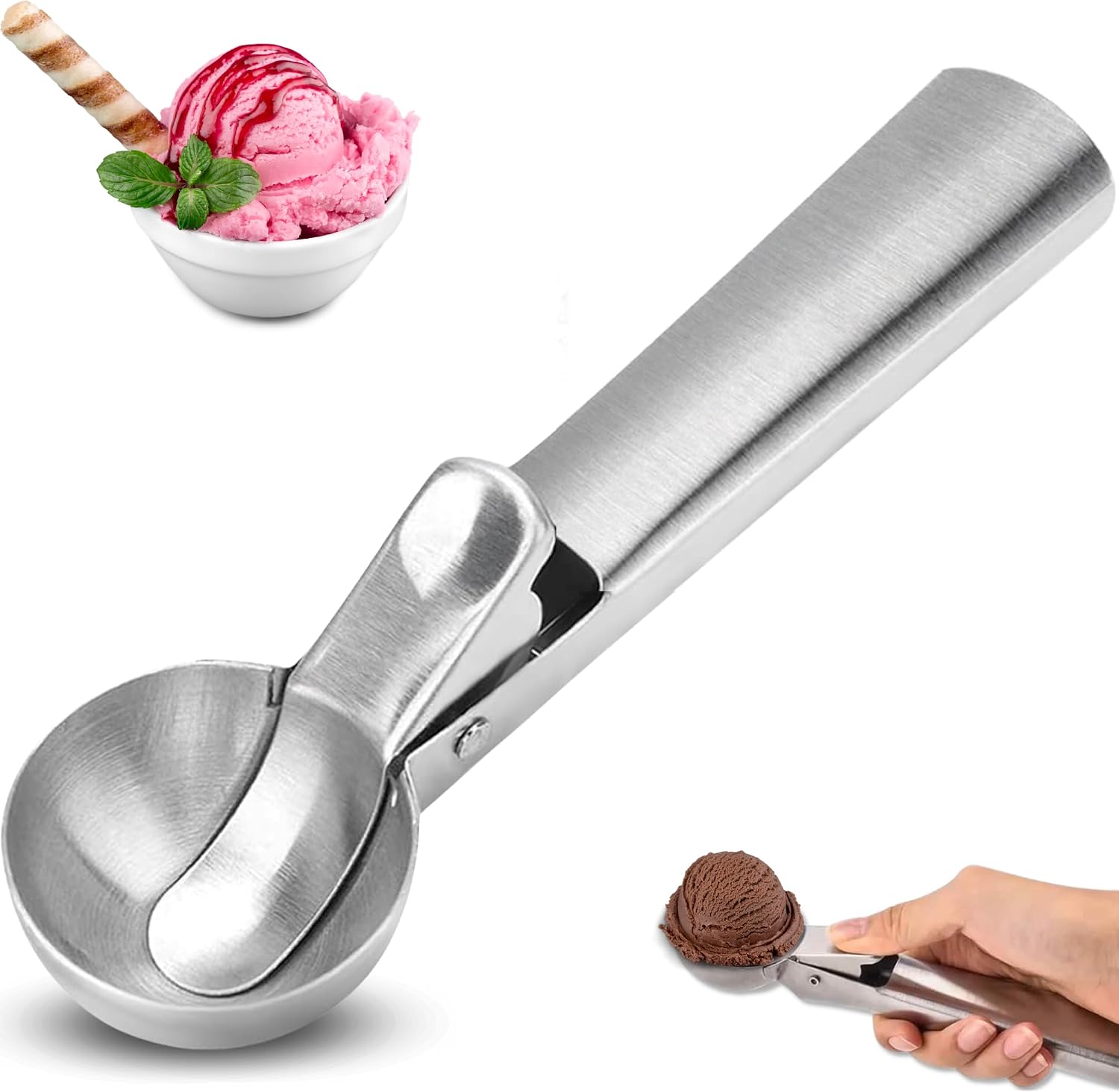 CHEFZOCO Cuchara de helado, Sacabolas Helado, Cuchara bolas helados, Cucharón de helado con gatillo, Accesorios de cocina, Apto Lavavajillas, 5 cm diámetro bola, Acero inoxidable