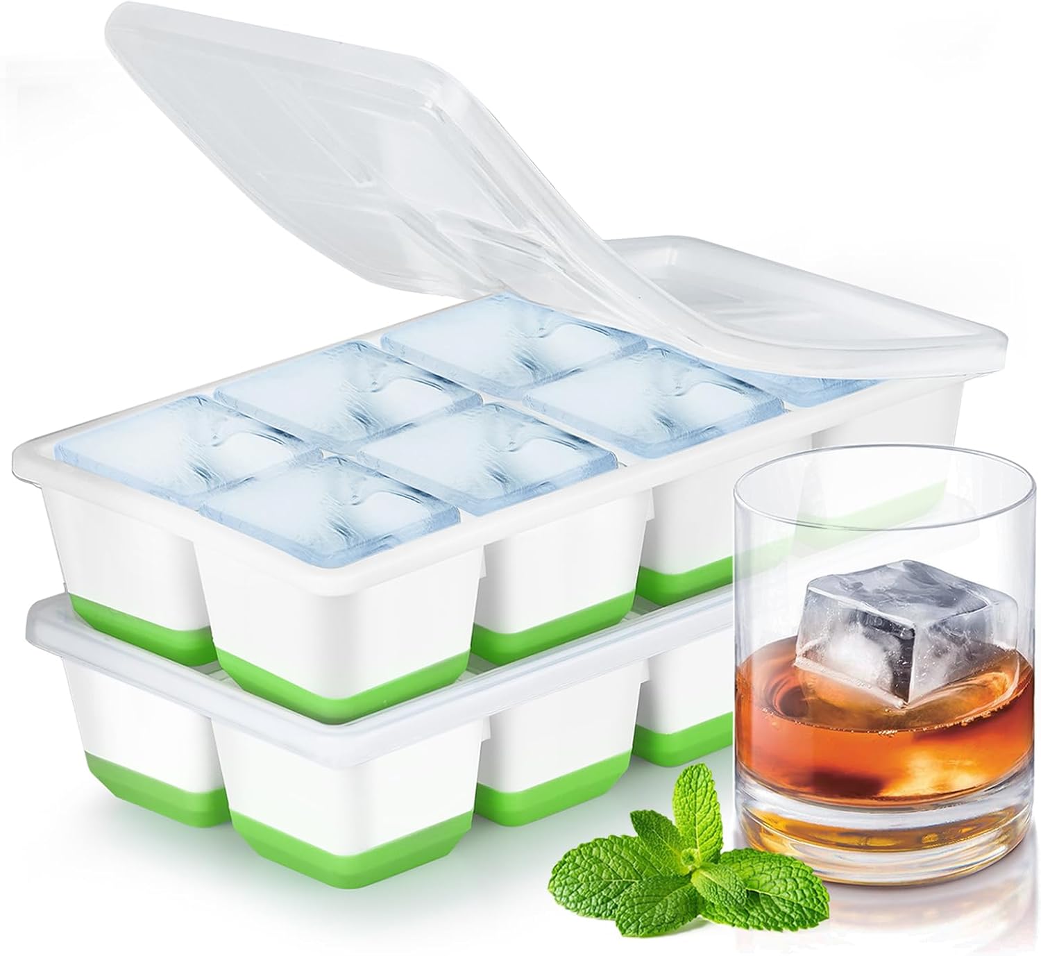 Bandeja grande para cubitos de hielo hecha de silicona, sin BPA, bandeja de cubitos de hielo XL de 4,5 cm con tapa, segura, certificada LFGB, paquete de 2, apilables