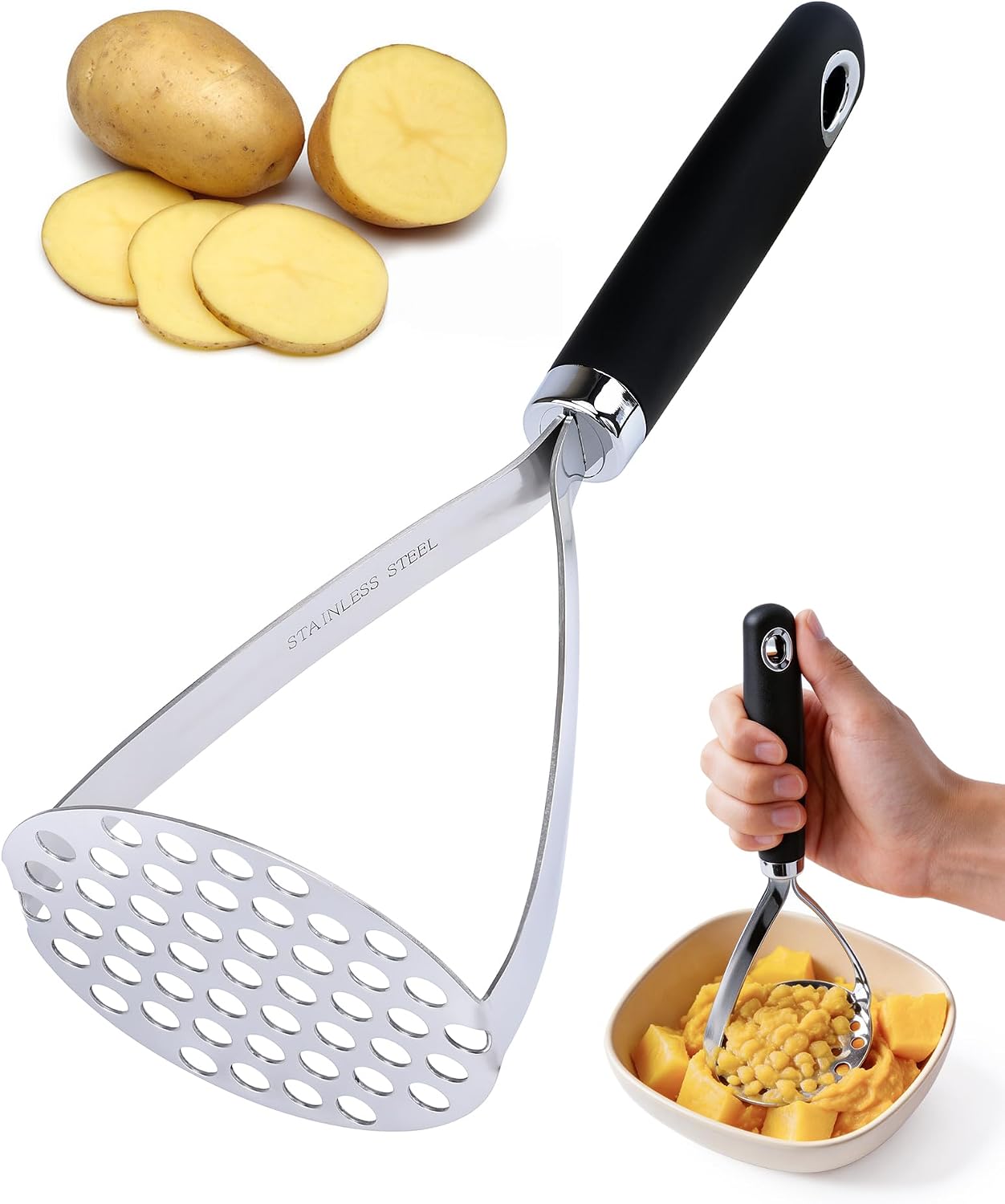 Machacador de Patatas Acero Inox 430 26cm Triturador Puré Sin Grumos