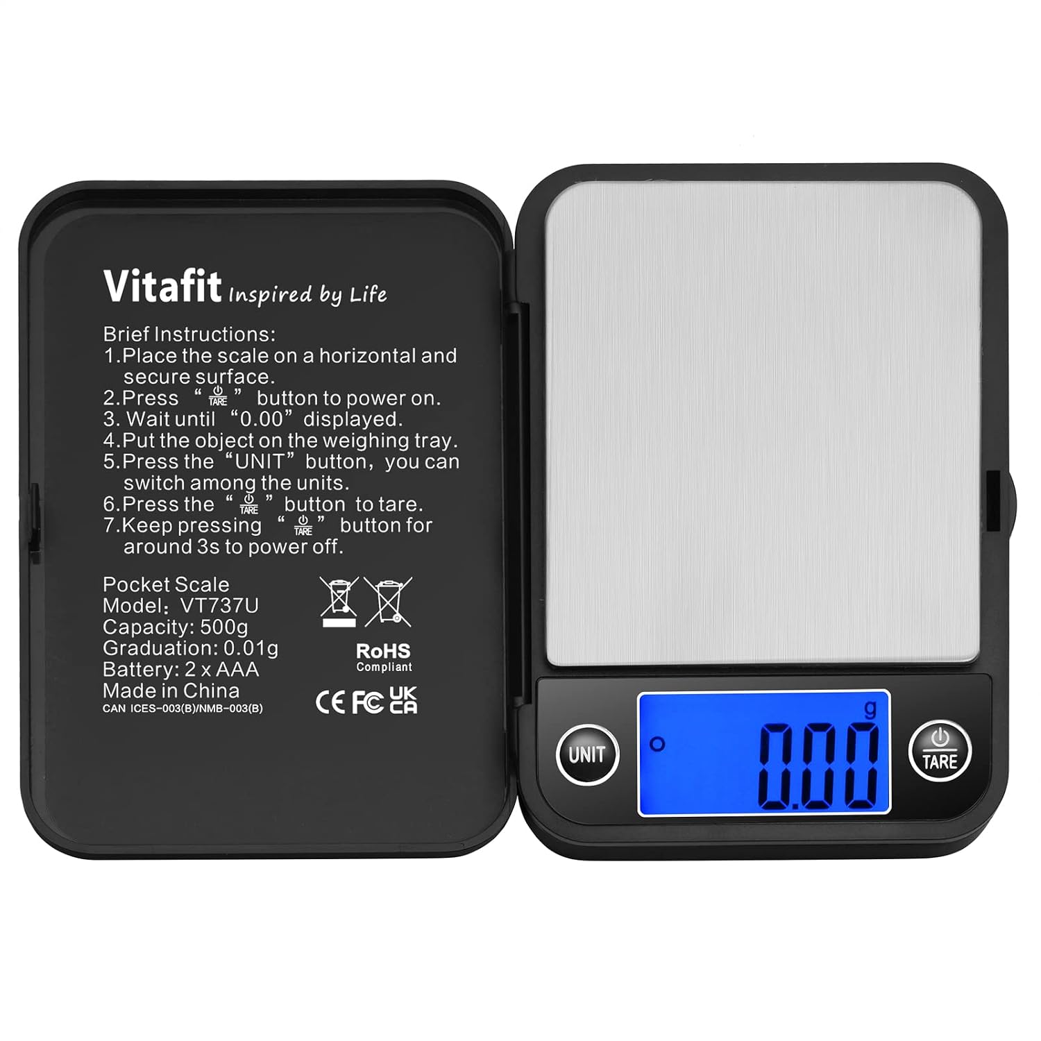 Vitafit 500g Báscula de Precisión 0.01g, Báscula de Bolsillo LCD Azul,Negro