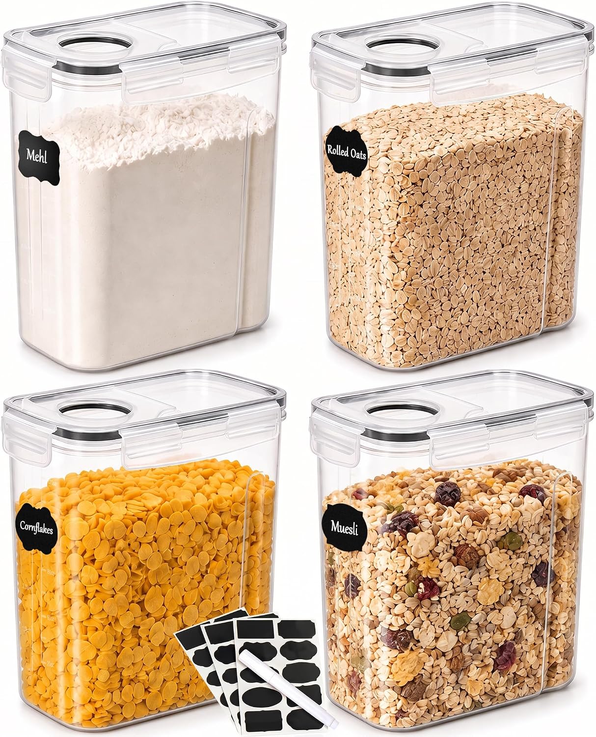 L LONGANCHANG Botes Cocina Almacenaje de Plástico - Juego de 8 Piezas Hermeticos Contenedores Cocina con Tapa - Recipientes para Alimentos Sellados para Cereales, Harina, Golosinas para Mascotas
