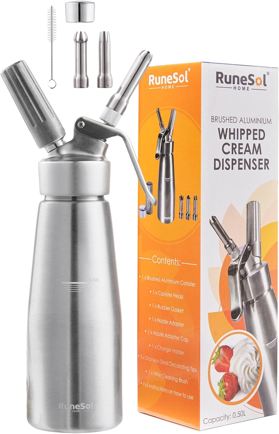 Runesol Sifón de Cocina Profesional Aluminio 500ml, Sin Fugas, 3 Boquillas de Acero Inoxidable, Sifon Cocina para Espumas, Facil de Usar Sifones de Cocina para Postres y Nata Montar, Siphon de Espuma