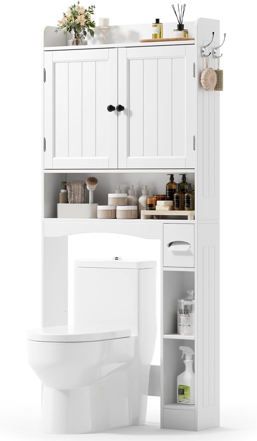 Xbro Armario sobre Inodoro, Mueble sobre Inodoro con Doble Puerta, Portarrollos de Papel Higiénico y Estante Ajustable, 82 x 20 x 179 cm, Blanco