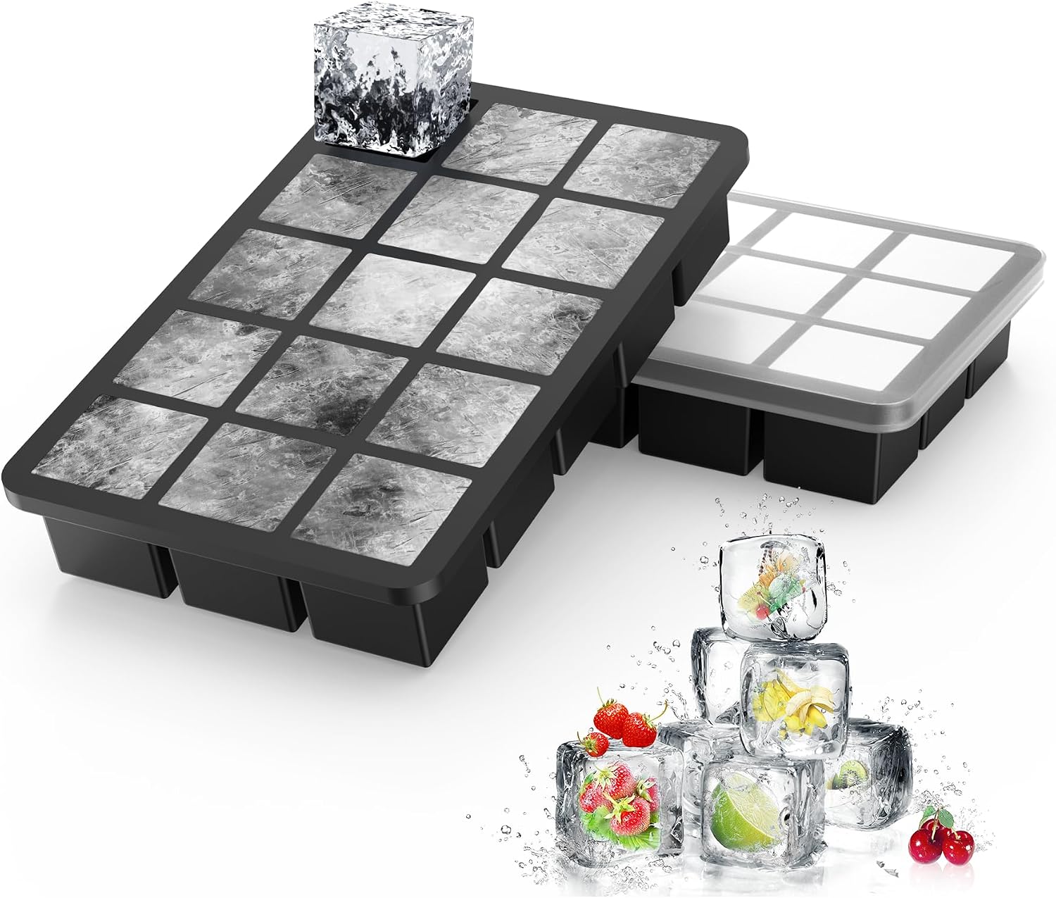 Ankway 3 Piezas Cubiteras para Hielo Silicona con Tapa, 45 3,5cm Bandejas de Cubitos de Hielo Cuadrados, Ice Cube Tray sin BPA, para Frutas,Puré de Frutas, Zumo