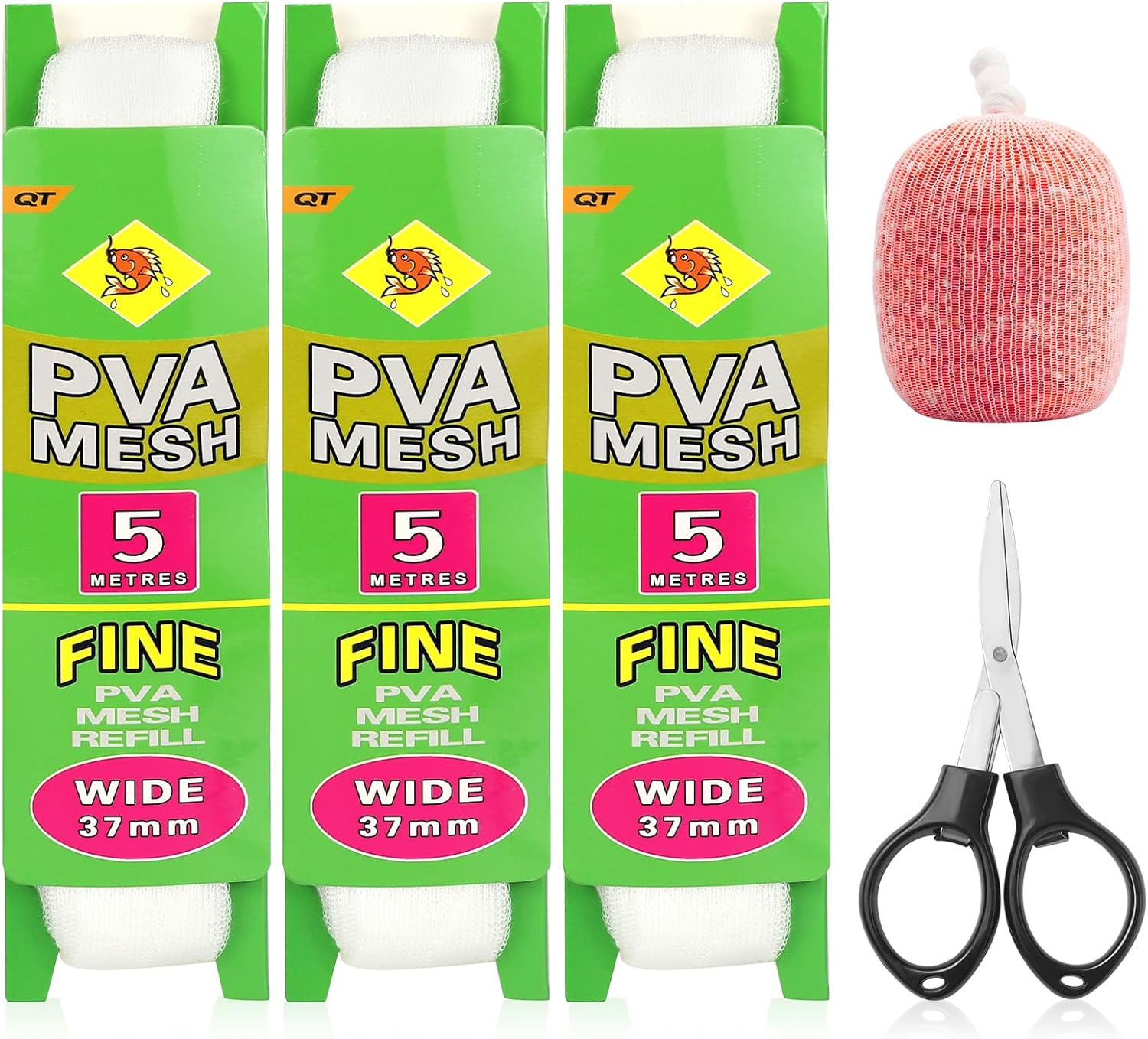 3 Pcs 5m Recambio de Malla PVA con Tijeras - Bolsas de 25/37 mm de Ancho - Accesorios de Pesca de Carpa - Solubles en Agua de Rápida Disolución para Alimentación Precisa