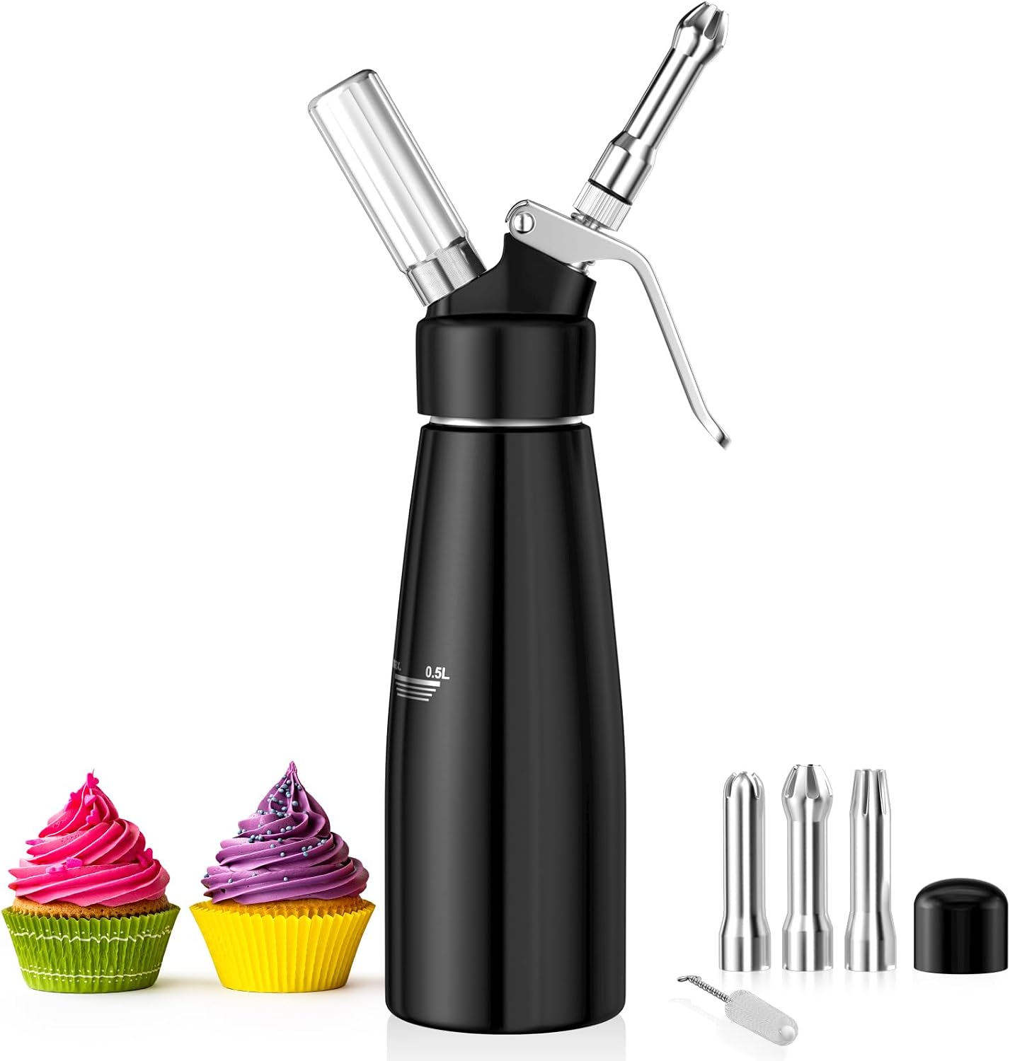 Newaner 500 ml sifón de Cocina espumas, sifon de Nata Aluminio con 3 boquillas Acero Inoxidable y 1 Cepillo, dispensador de Crema para Decorar Pasteles de cumpleaños, pastelería, Helados y postres