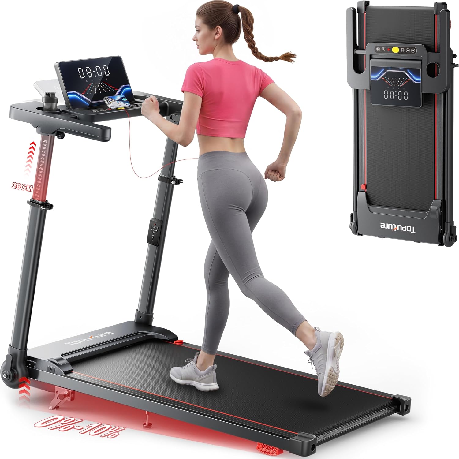 6 EN 1 Cinta de Correr Plegable 0-5-10% Inclinación, 12 KM/H Cinta de Andar 108 CM Pasamanos Telescópicos, 95°&105° Pantalla LED Ajustables, Walking Pad Hogar y Oficina, Control Remoto, Bluetooth, App