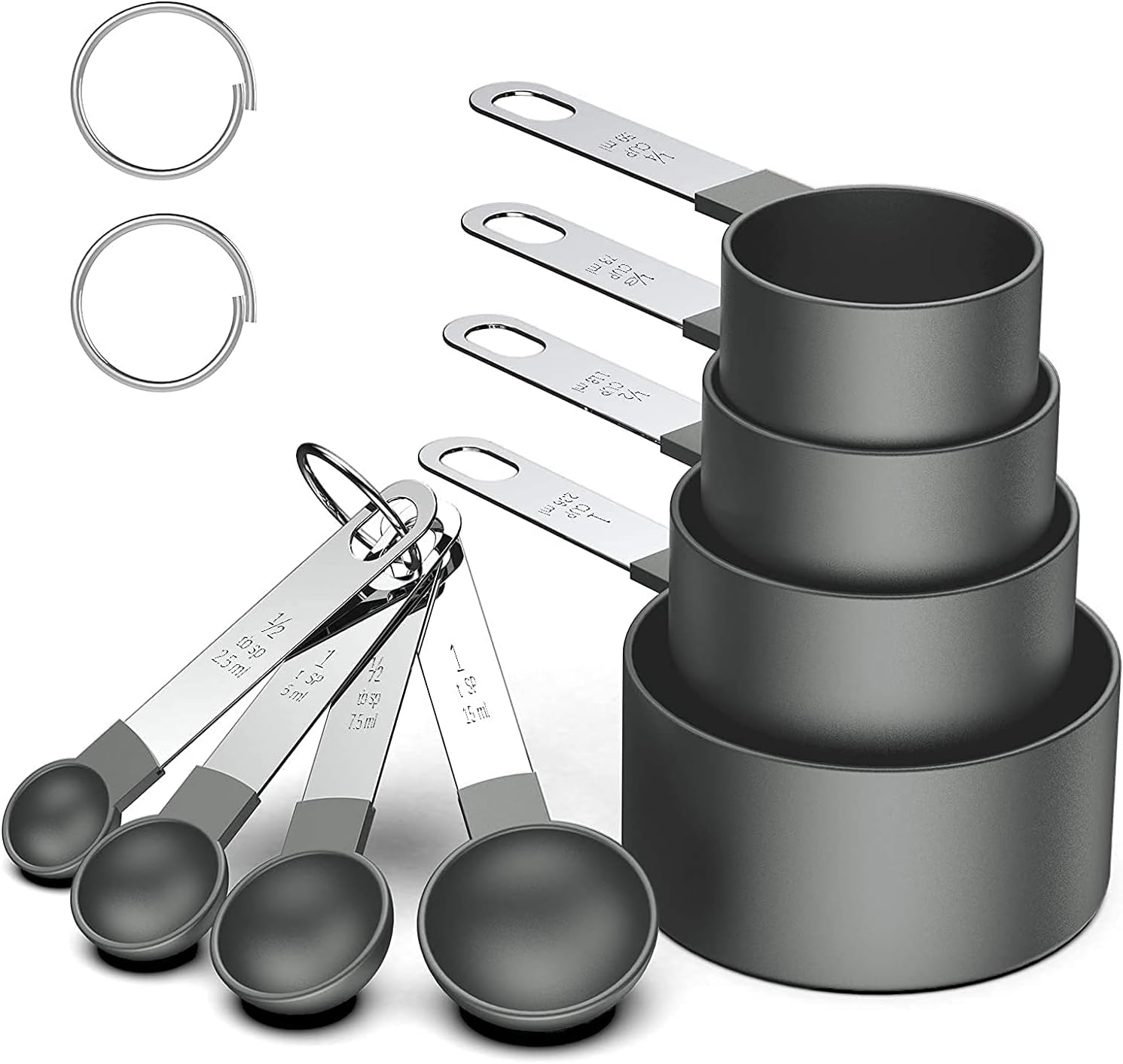 Juego de 8 tazas y cucharas medidoras, cucharas medidoras apilables negras para medir ingredientes secos y líquidos, cucharadita pequeña con cabeza de plástico