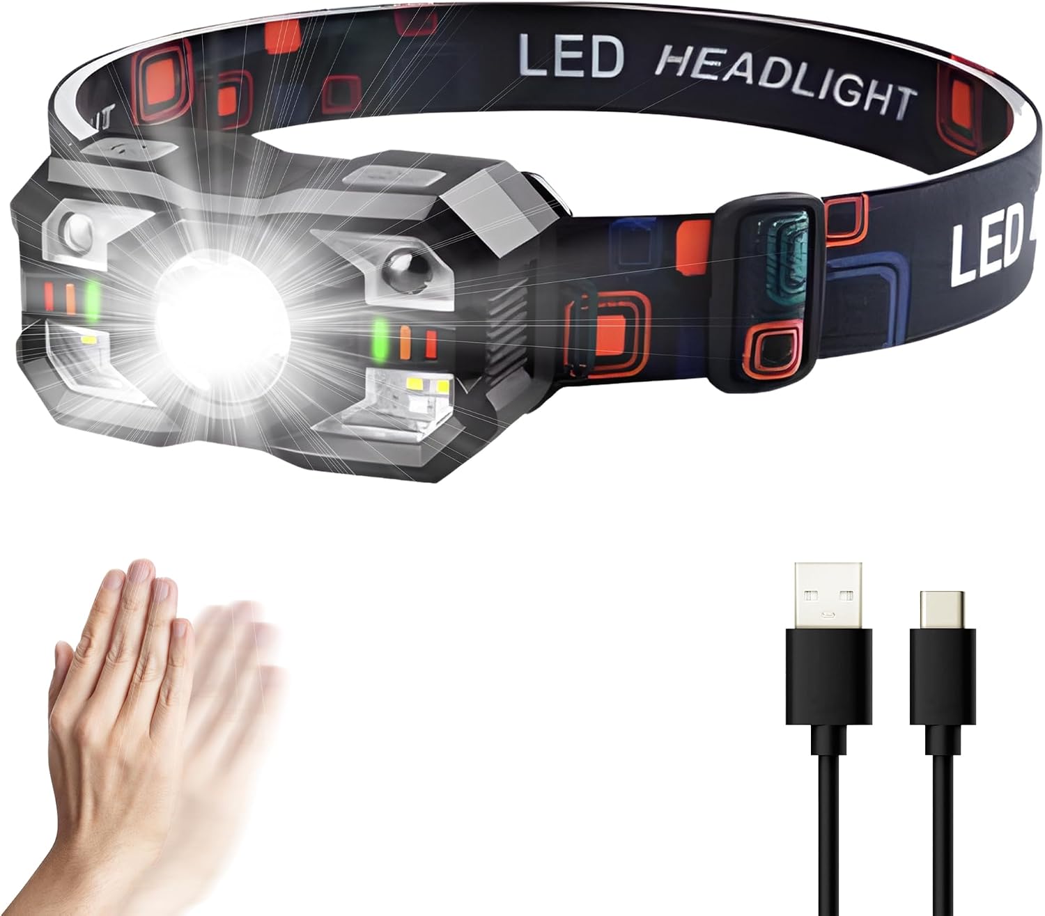 Linterna Frontal LED Recargable, Luz Frontal Cabeza, Linterna de Cabeza LED Alta Potencia, 6 Modos de Luz, Sensor Movimiento, 2000L, IPX5 Impermeable, Frontal Trail Running, Inclinacion 60º