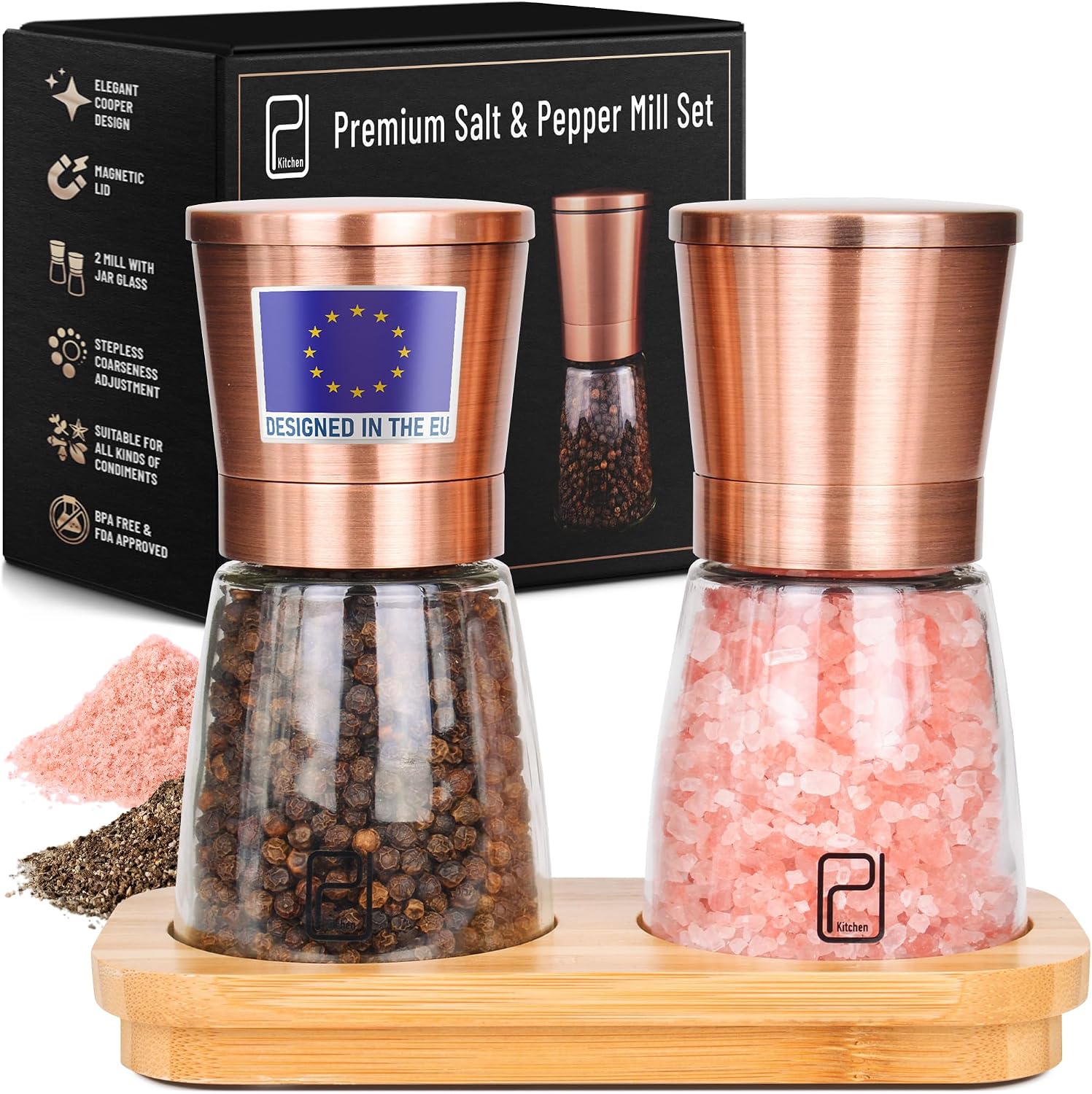 Juego Premium de Molinillos de Sal y Pimienta con Soporte de Bambú - 170 g, Acero Inoxidable Cobre - Molino Manual Rellenable y Ajustable - por PJC-Kitchen