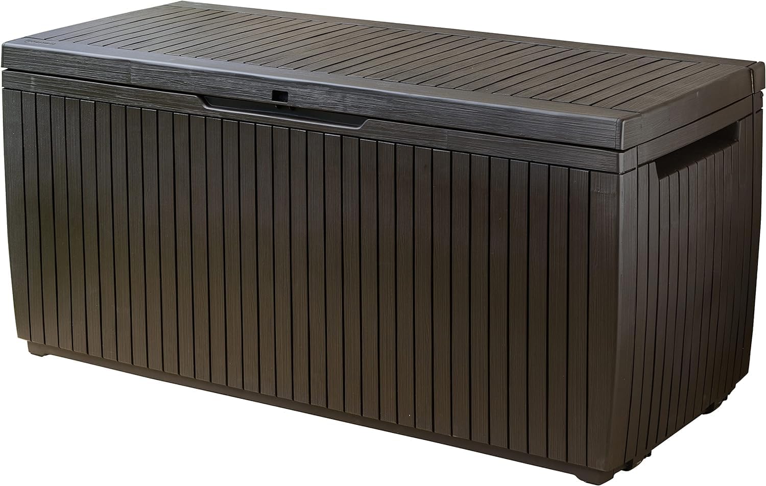 Keter Comfy - Arcón exterior, Baúl almacenaje, Capacidad 270L, Resina, Color marrón, Ordenación jardín y terraza, 44.7 x 116.7 x 57 cm