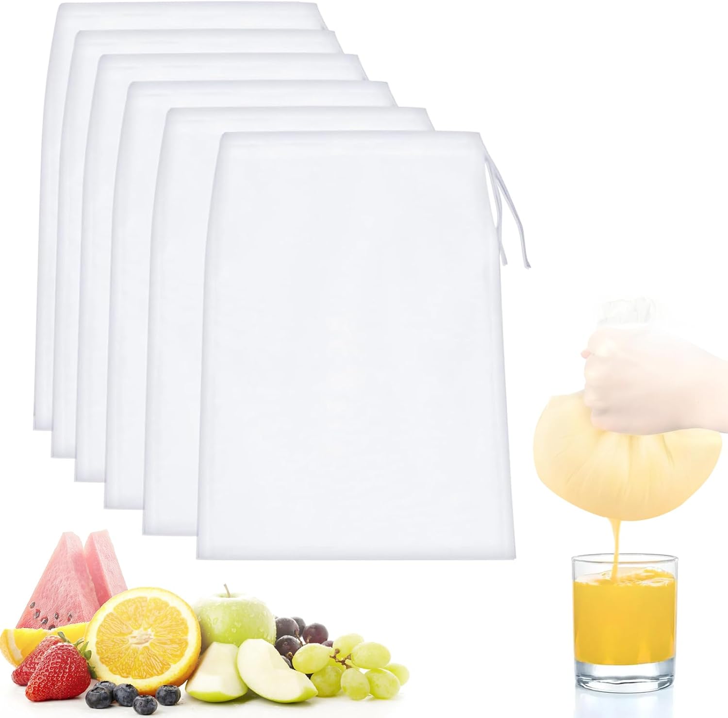 6 Piezas Bolsas de Leche de Nueces, 20 x 30 cm Bolsa de Colador Reutilizable, Filtro Leche Vegetal de Nailon, Filtro de Alimentos, para Queso, Zumo de Frutas, Café, Zumo de Verduras, Té