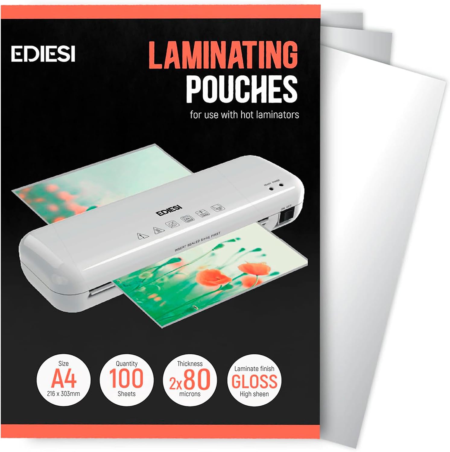 Ediesi, Fundas Plastificar a4 / Pack de 100 Laminas/Plasticos Plastificadora/Hojas Transparentes/Pelicula de Laminacion/Acabado Brillante