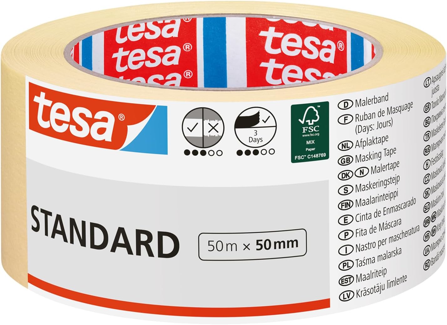tesa Cinta de Pintar STANDARD, Cinta de Pintor, Removible Sin Residuos hasta 2 Días Después, Sin Disolventes, Ancha, 50 m x 50 mm
