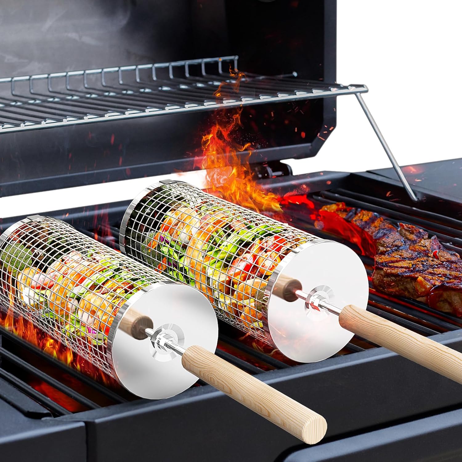 ivtivfu Cesta de Parrilla Rodadiza, Mango Extraíble, Acero Inoxidable 304