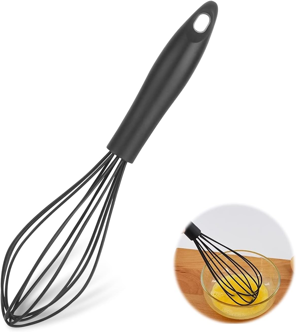 Batidor Silicona Batidor con un Mango Estable y Cómodo, Fácil de Almacenar Silicona Apta para Alimentos Batidor de Cocina, Manual Varillas para Mezclar Batir Espumar y Revolver (Negro)