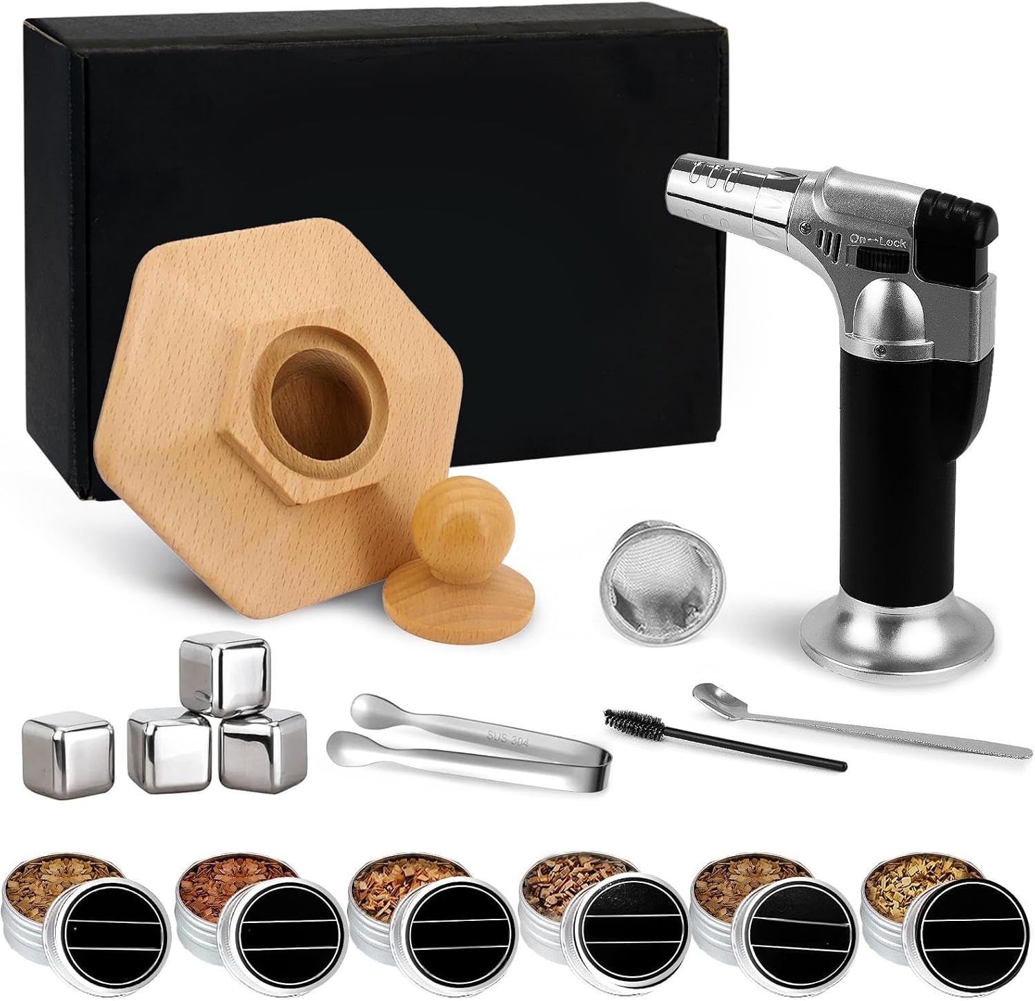 Ahumador de Cócteles con Soplete, Kit de Ahumador de Bebidas con 6 Sabores de Astillas de Madera, 4 Piedras para Whisky, Kit de Ahumador de Whisky para Infusionar Cócteles (Sin Butano)
