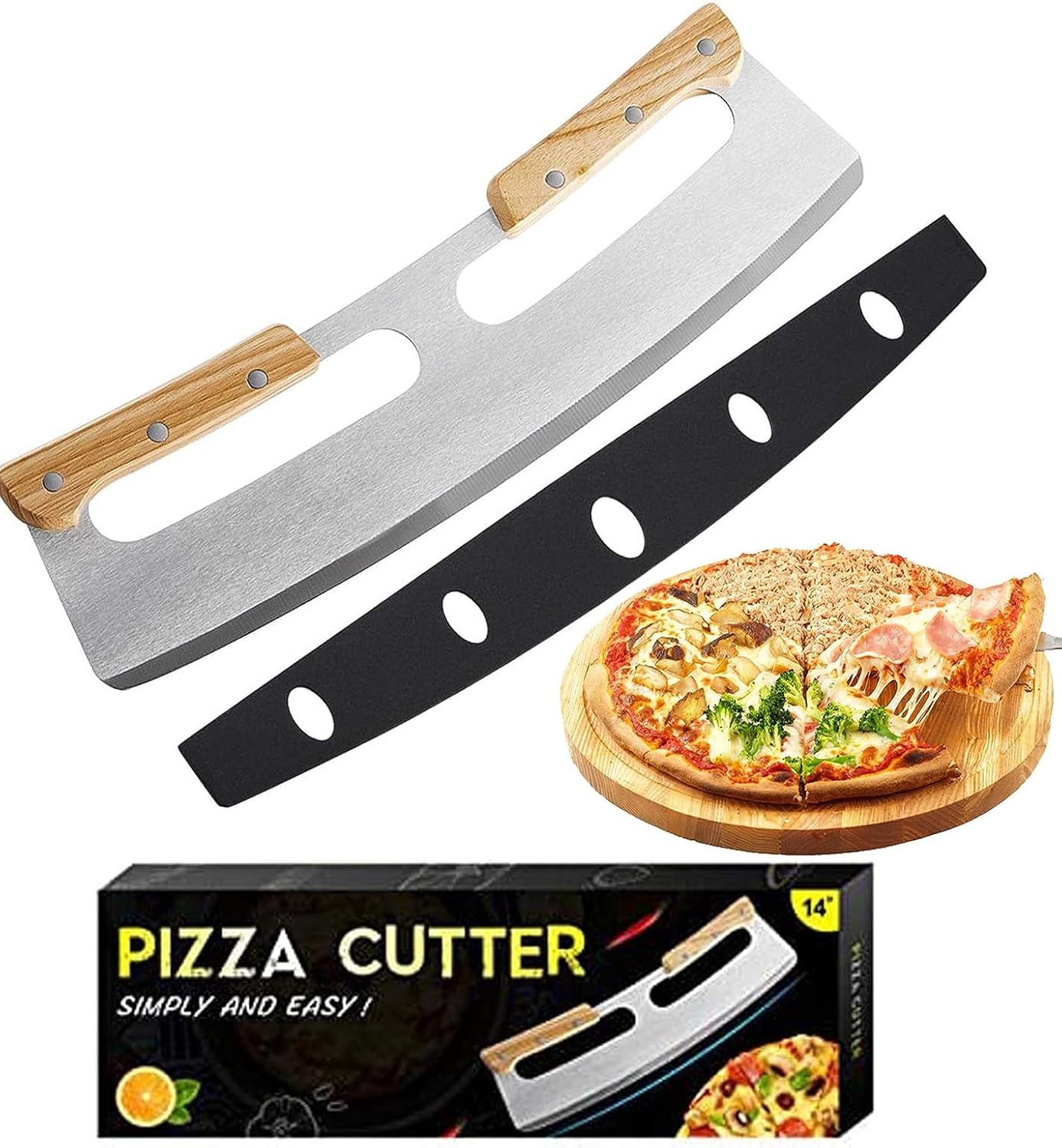 Cortador Pizza, Cuchillo Para Pizza de Acero Inox Corta pizza de Medialuna con Mango de Madera Pizza Ruedas Cortadora para Pizza Pastel y Pan