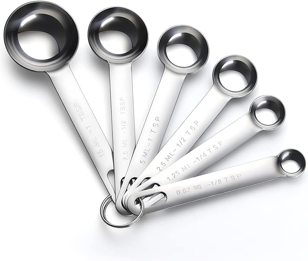 AOOSY Cucharas Medidoras, Juego 6 Piezas,Espejo Redondo de Acero Inoxidable Pulido 1/8 TSP, 1/4 TSP, 1/2 TSP, 1 TSP, 1/2 TBLS y 1 TBLS Cucharas de medida para hornear (Plata)