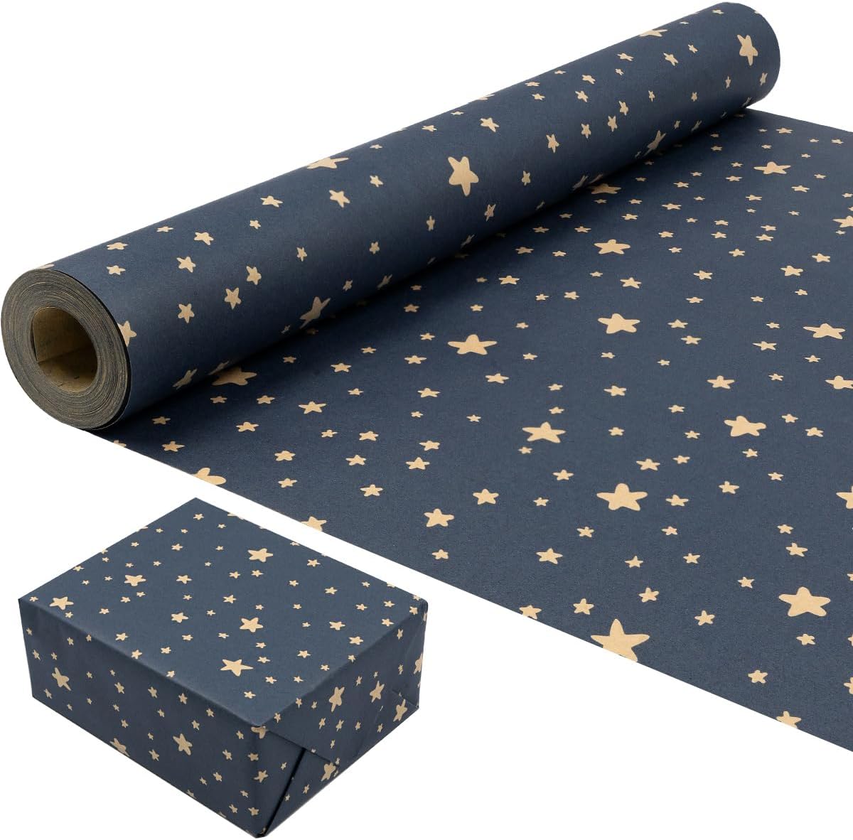 Rollo de papel para envolver regalos de cumpleaños: papel de regalo azul con diseño de estrellas, papel de regalo Kraft reciclable de 43 cm x 15 m