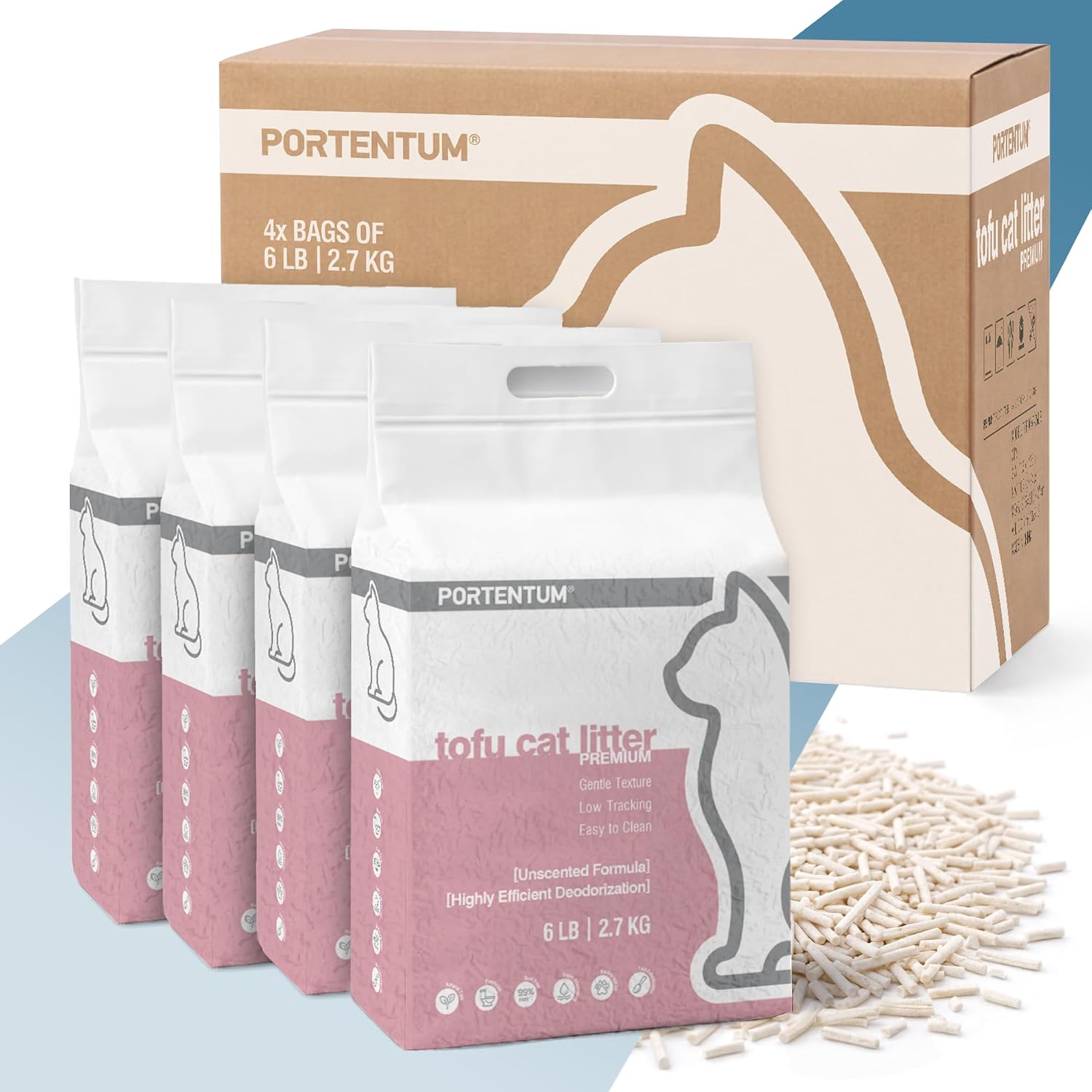 PORTENTUM Arena de Tofu para Gatos sin Perfume – 10,8 kg de Arena aglomerante para Gatos con Control de olores y fácil Limpieza – Pellets Vegetales Desechables Que Mantienen el arenero Limpio