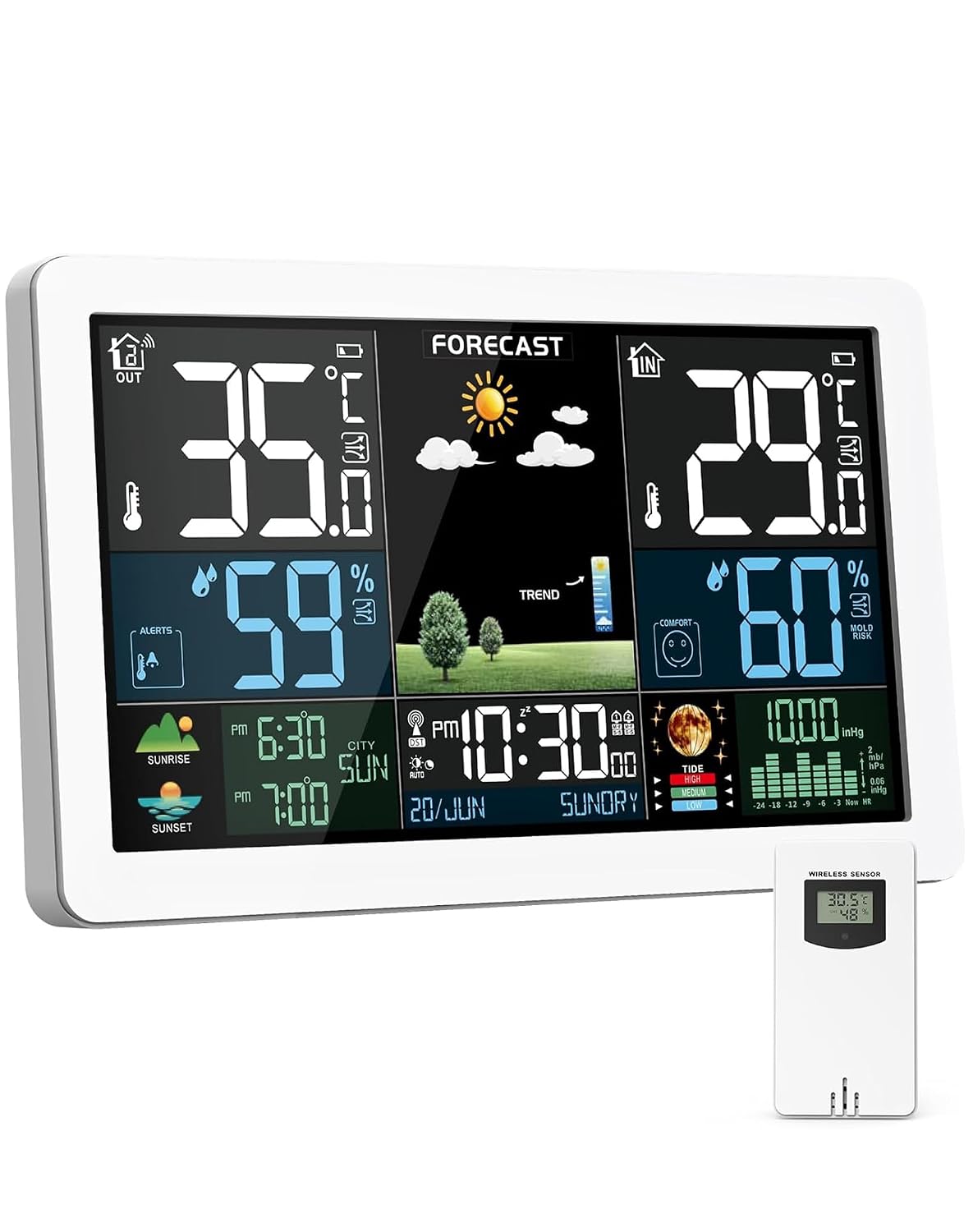 Estación Meteorológica Interior y Exterior con Pantalla a Color, Pronóstico del Tiempo, Temperatura, Humedad, Despertador LCD con Función de Repetición A1