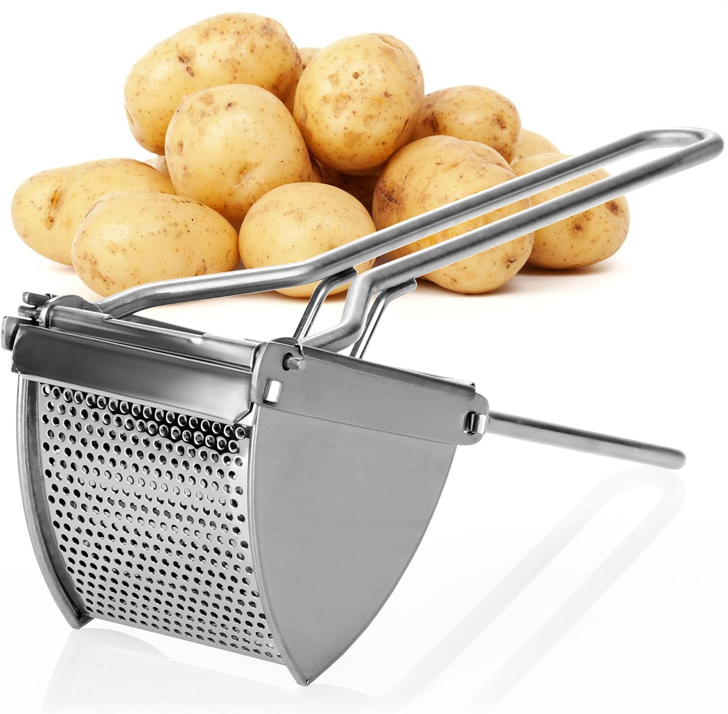 COM-FOUR® Prensa para patatas de acero inoxidable, apta para lavavajillas - prensa para spaetzle - prensa para helado de espaguetis - triturador de patatas (Acero inoxidable - mango ergonómico)