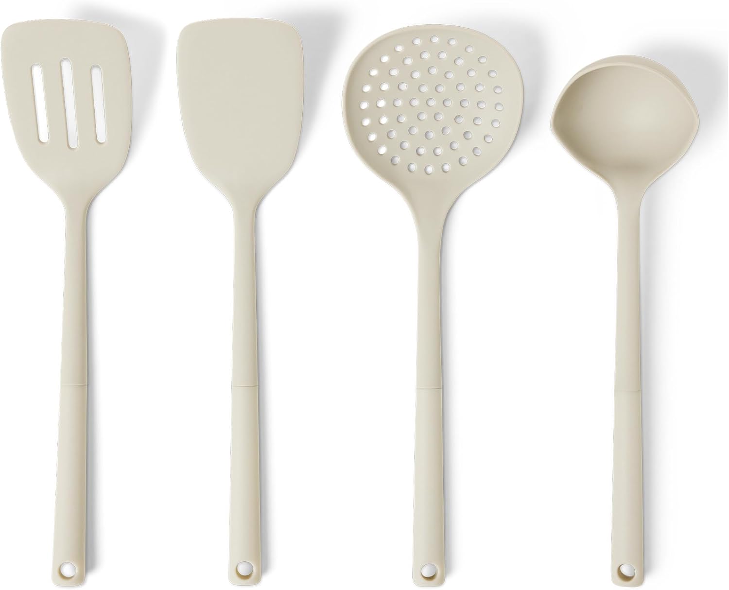 Amazon Basics Juego de Cucharas y Cucharones de Cocina de Silicona, Juego de 4 Piezas, Asa de Agarre Suave, Libre de BPA, Aptos para Lavavajillas, Gris Lino