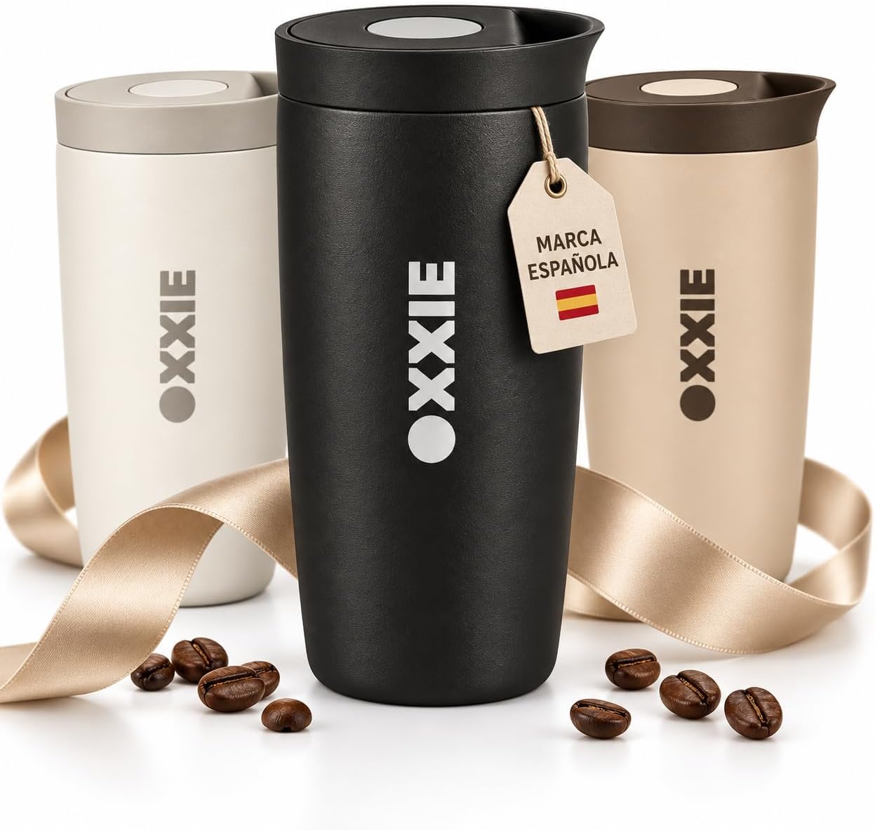 OXXIE Vaso Termo Cafe Para Llevar Pequeño 350ml, Vaso Termico, Aislamiento de Doble Pared, Taza de Cafe de Acero Inoxidable, Taza Termica con Tapa Hermetica, Reutilizable y Antigoteo (Beige)