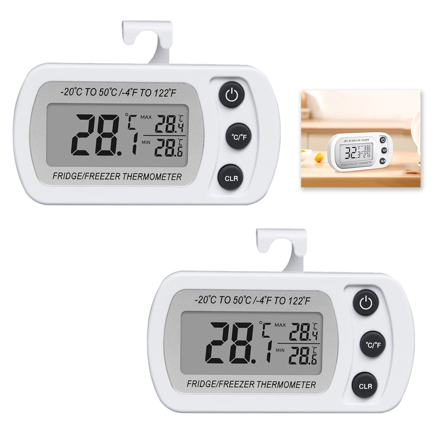 2 Piezas Termómetro Frigorífico, Termómetro Digital para Nevera y Congelador, Pantalla LCD Grande Impermeable, Función de Memoria Máx/Mín, Ideal para Hogar, Restaurantes y Cafeterías - Con gancho