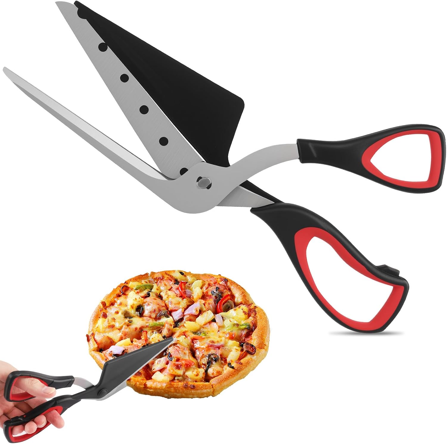 Tijeras para Pizza, 27 cm Cortador de Pizza Acero Inoxidable con Pala, Hoja Afilada de Acero Inoxidable Calidad Alimentaria y Mango Agarre Suave, Tijeras de Cocina Multifuncionales (Negro)