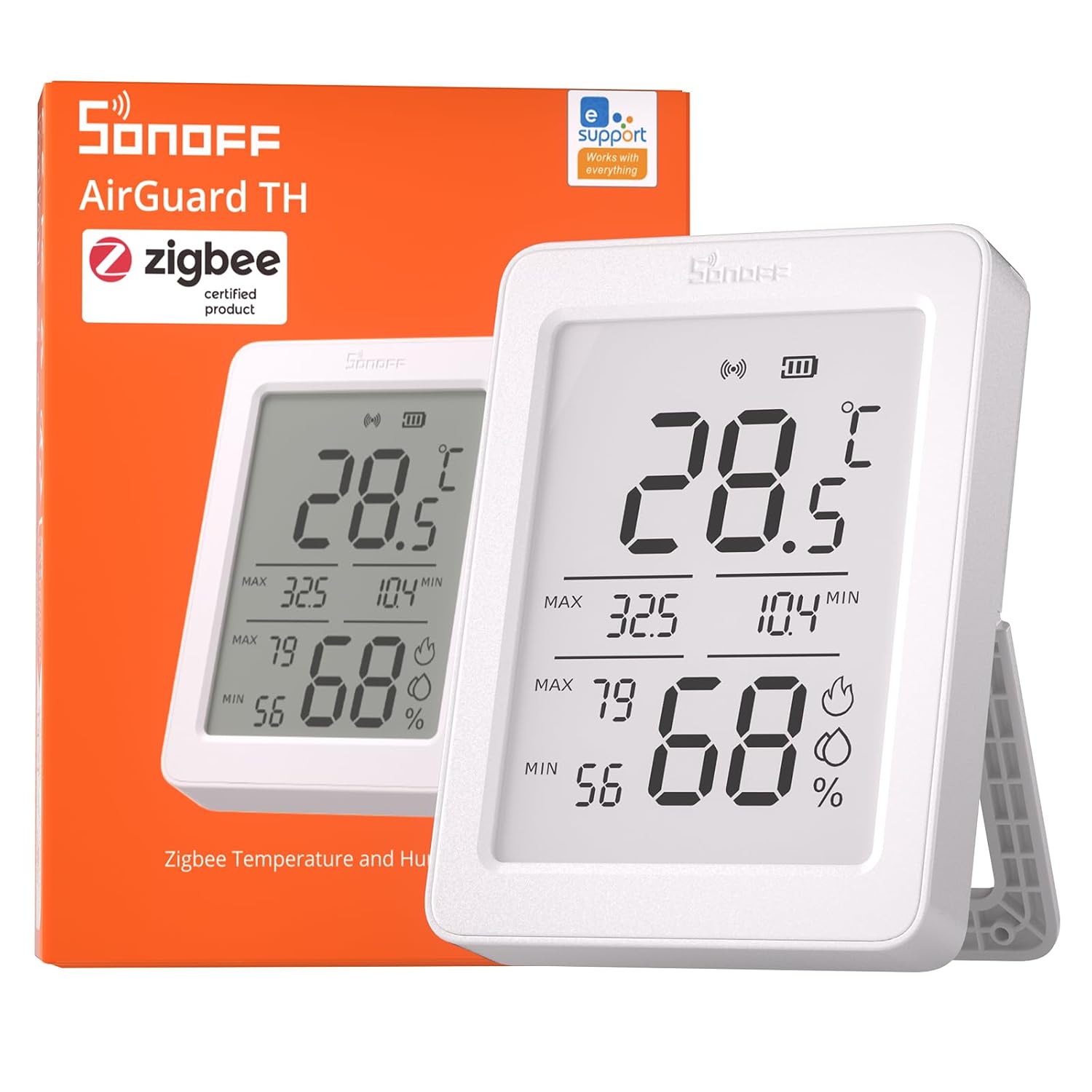 SONOFF AirGuard TH SNZB-02DR2 Sensor Zigbee Temperatura y Humedad, Pantalla LCD de 3,6 Pulgadas, Termómetro e Higrómetro con Alertas en la App, Monitorización Remota para Invernadero y Bodega