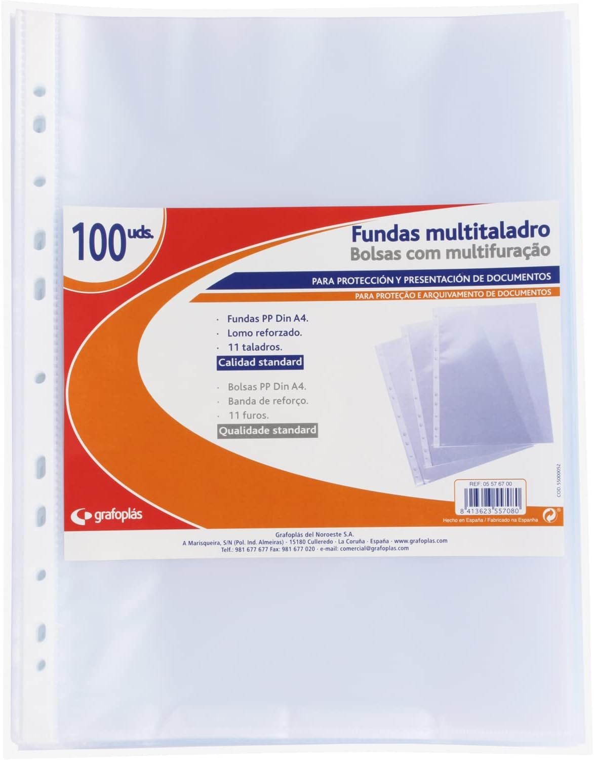 Grafoplas - Pack de 100 Fundas Multitaladro A4, Polipropileno Estándar