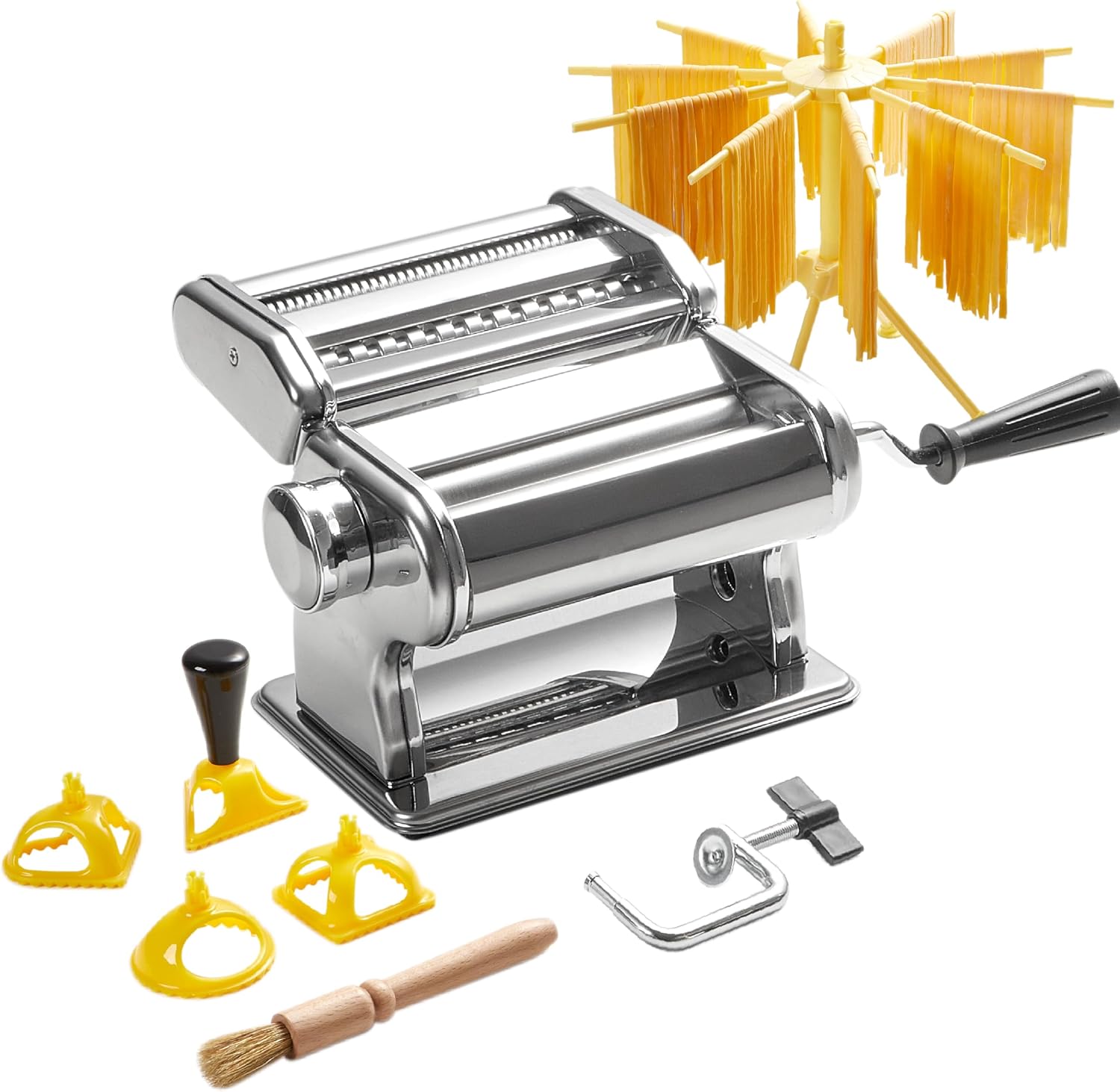 ROSSETTO Máquina para pasta manual con secador – Máquina de pasta de acero inoxidable con 9 grosores de masa y 2 anchos de corte – Para lasaña, espaguetis, fettuccine – Con cortadores de raviolis