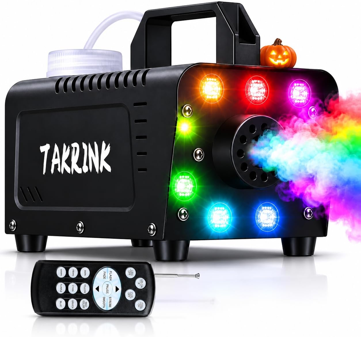 TAKRINK Máquina de Humo 900W Automática, 8 LED RGB, Mando Inalámbrico